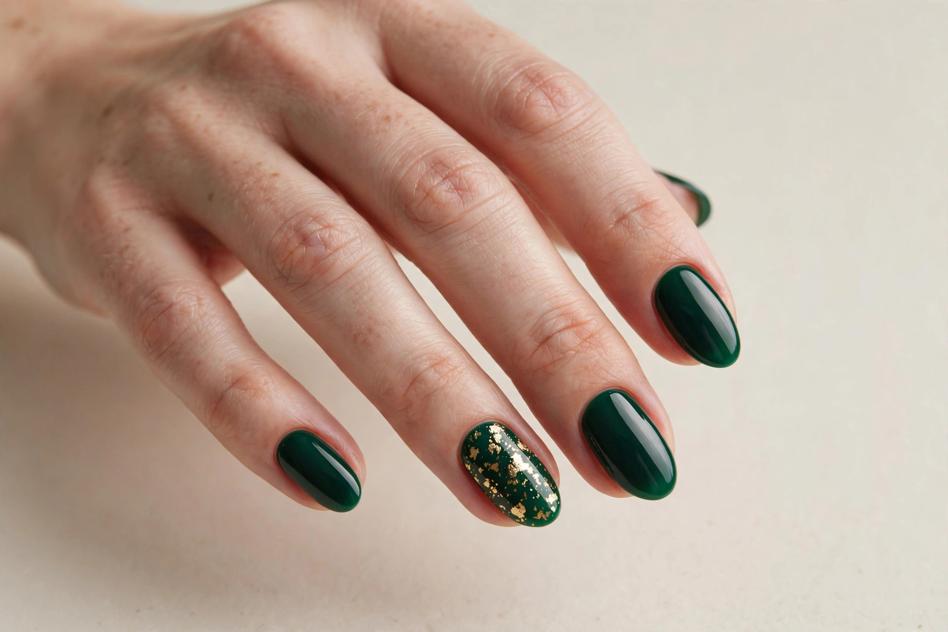 Short almond nails in deep emerald green with gold foil flake accents