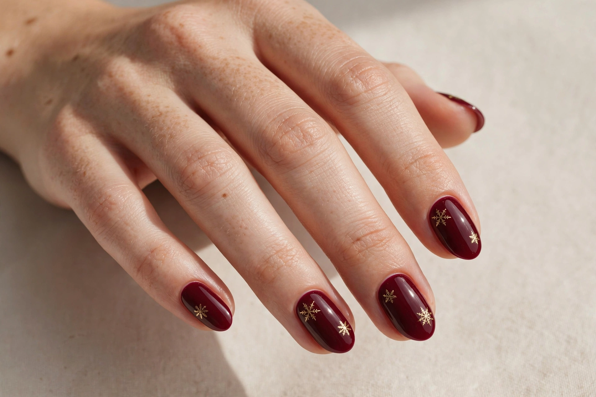 Short almond nails in burgundy with tiny gold snowflake art
