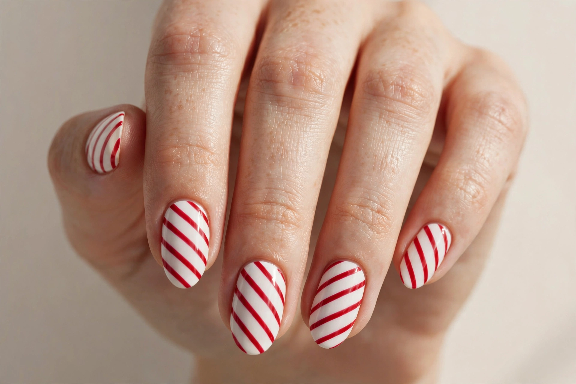 Short almond nails with red and white candy cane diagonal stripes