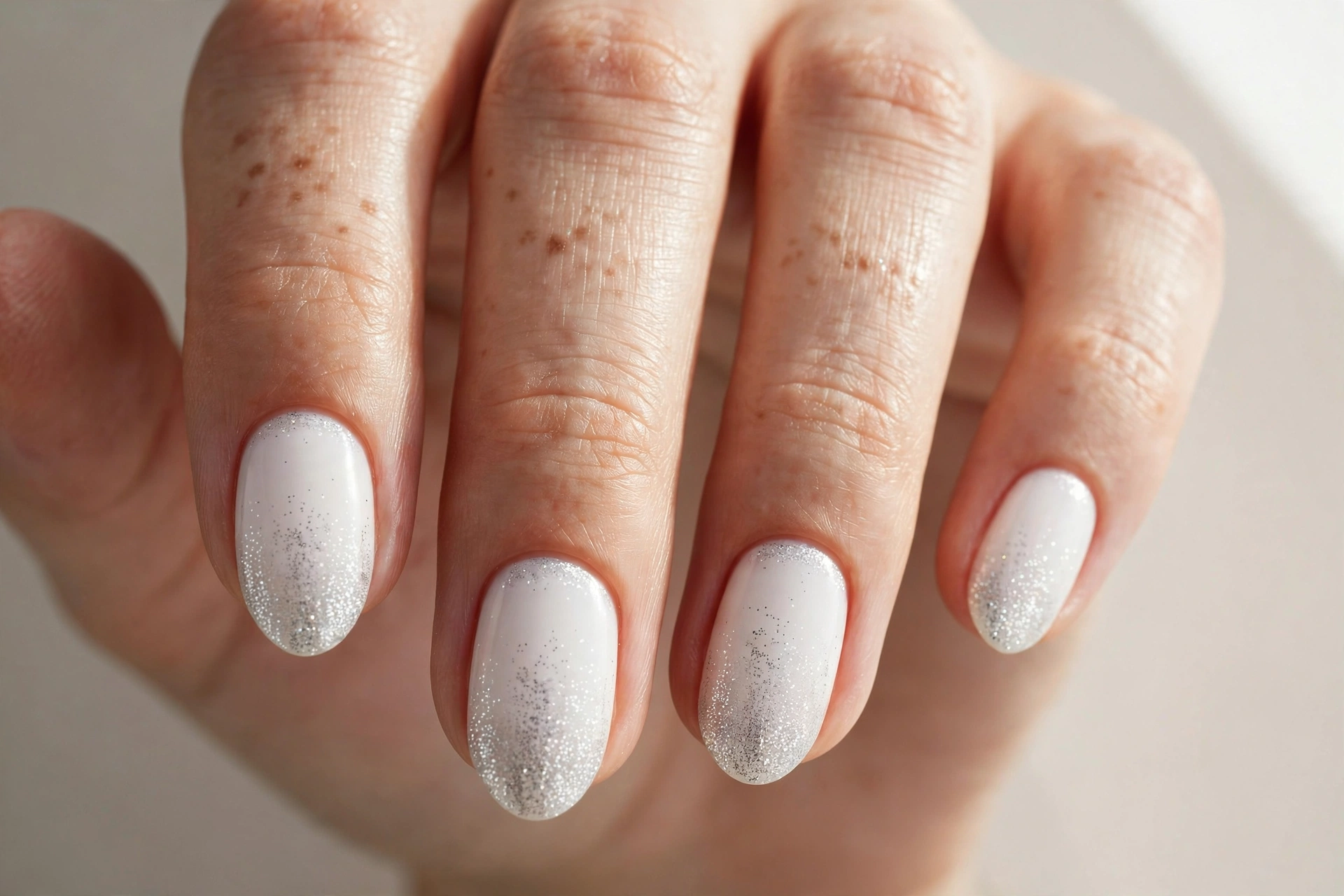 Short almond nails in winter white with silver glitter ombre at the tips