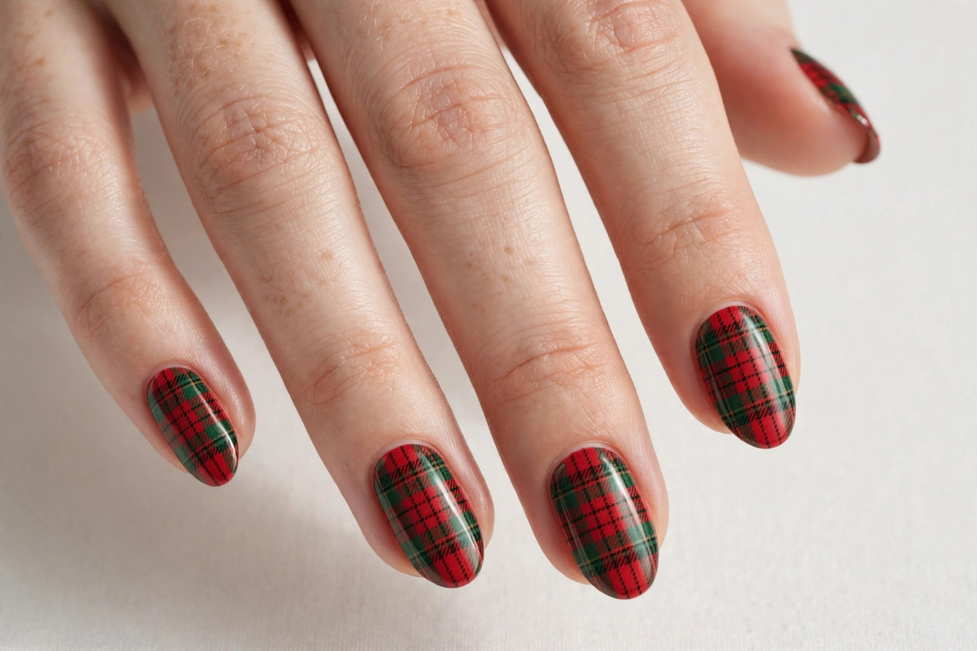 Short almond nails with red and green tartan plaid pattern