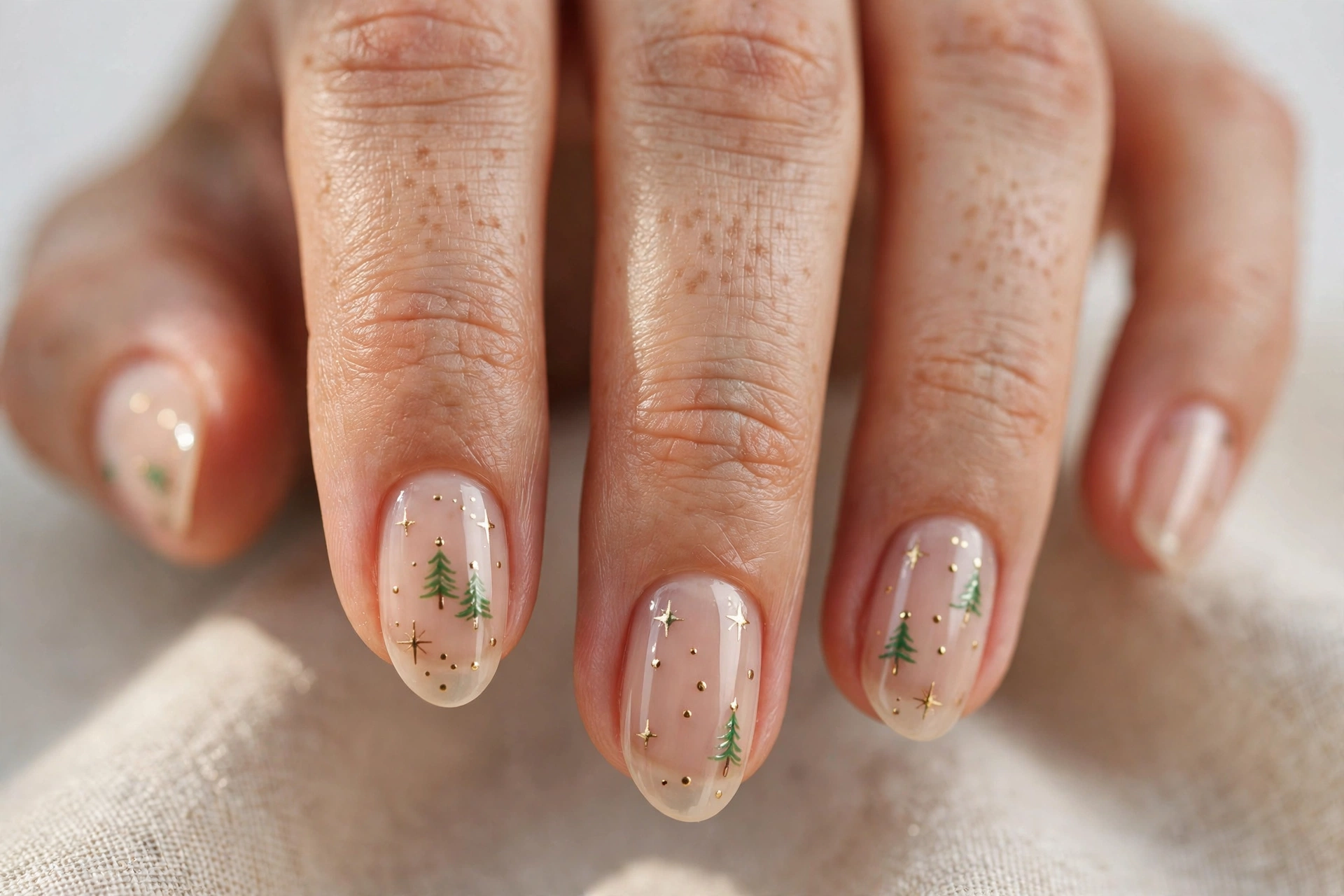 Short almond nails with sheer nude base and tiny green Christmas tree art
