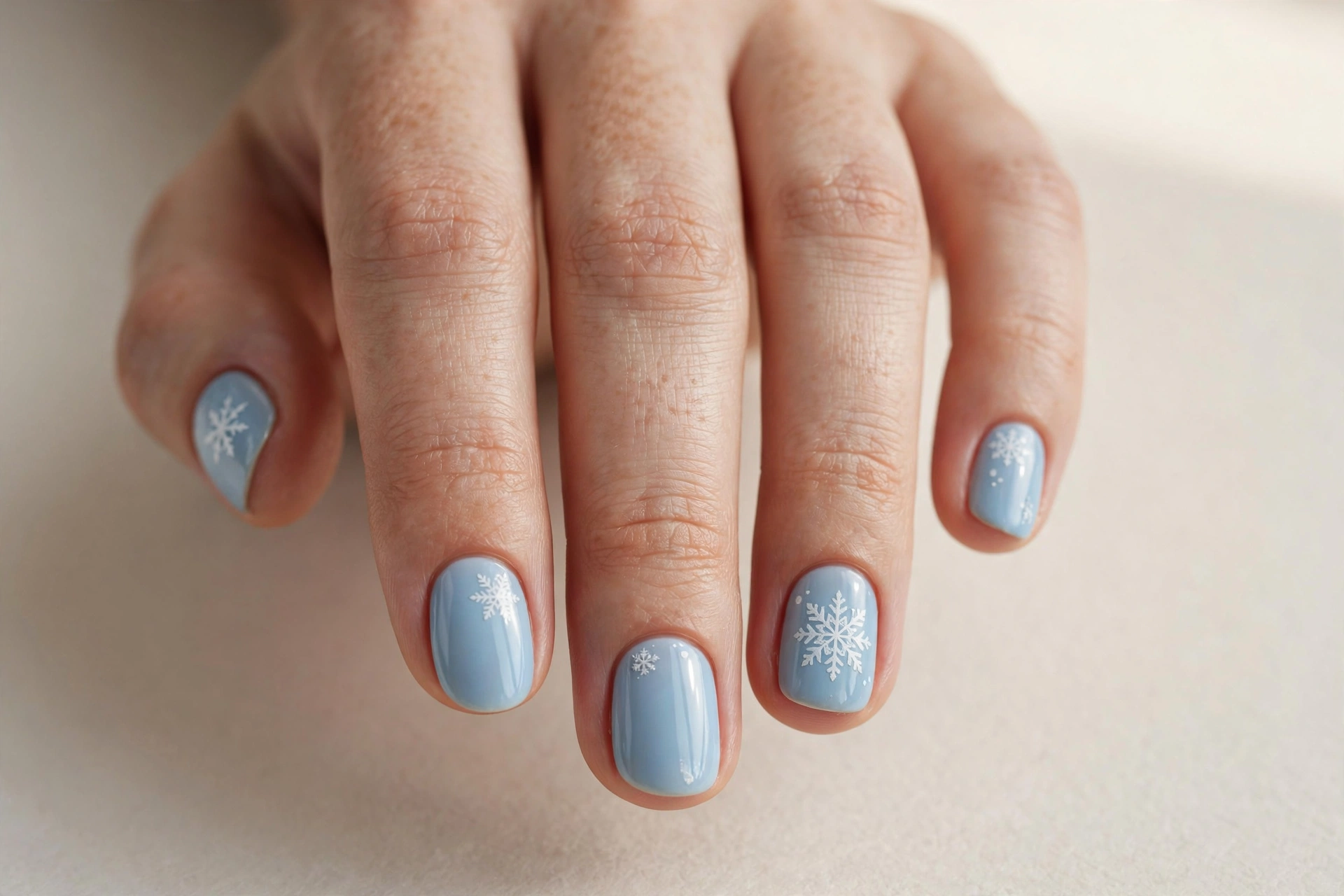 Short almond nails in icy blue with white snowflake stamps