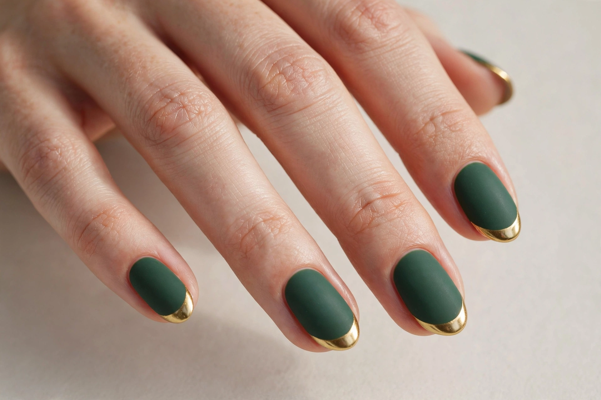Short almond nails in matte forest green with glossy gold French tips