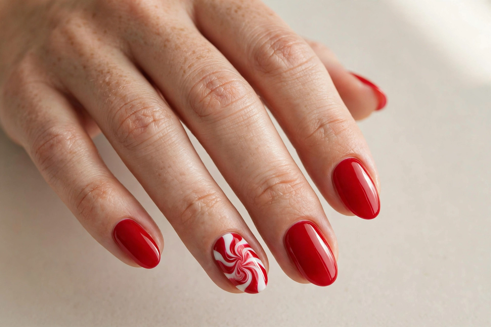 Short almond nails in glossy red with a peppermint swirl accent nail