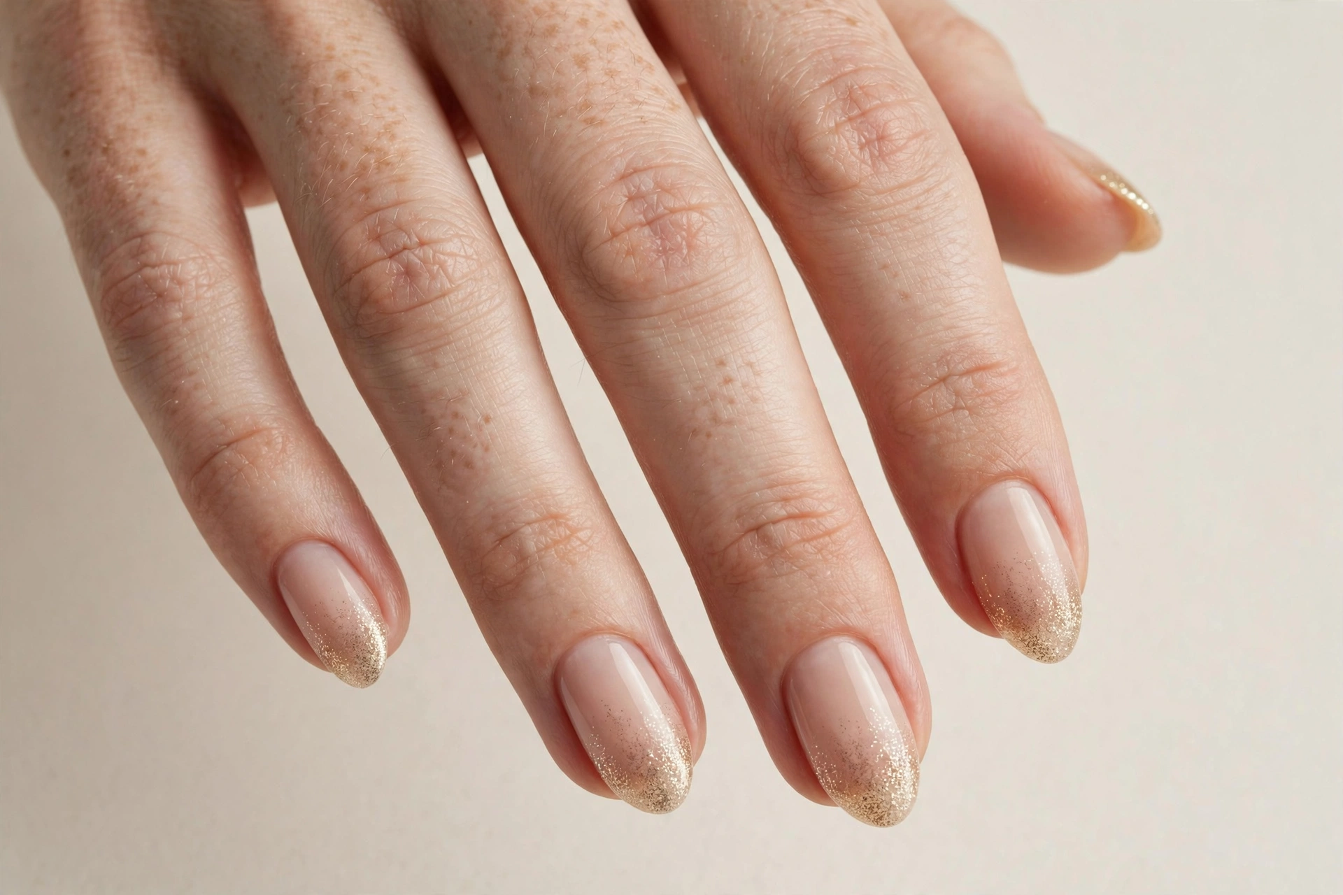 Short almond nails with nude base and champagne gold glitter fade