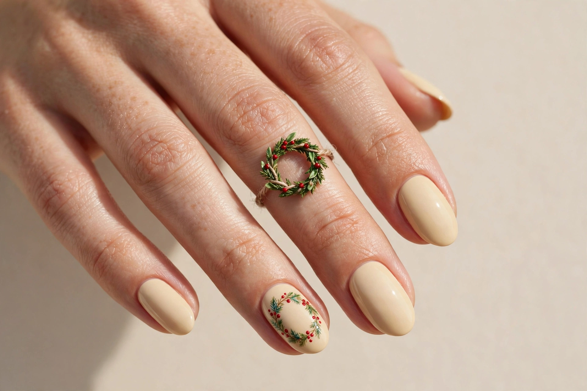 Short almond nails with cream base and evergreen wreath art on accent nails
