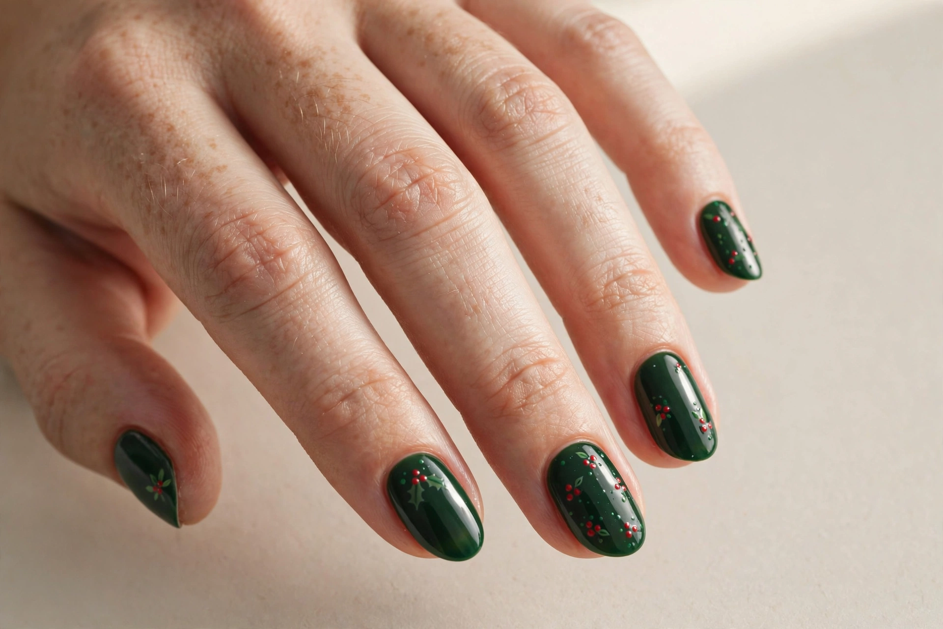 Short almond nails in deep green with tiny red holly berries