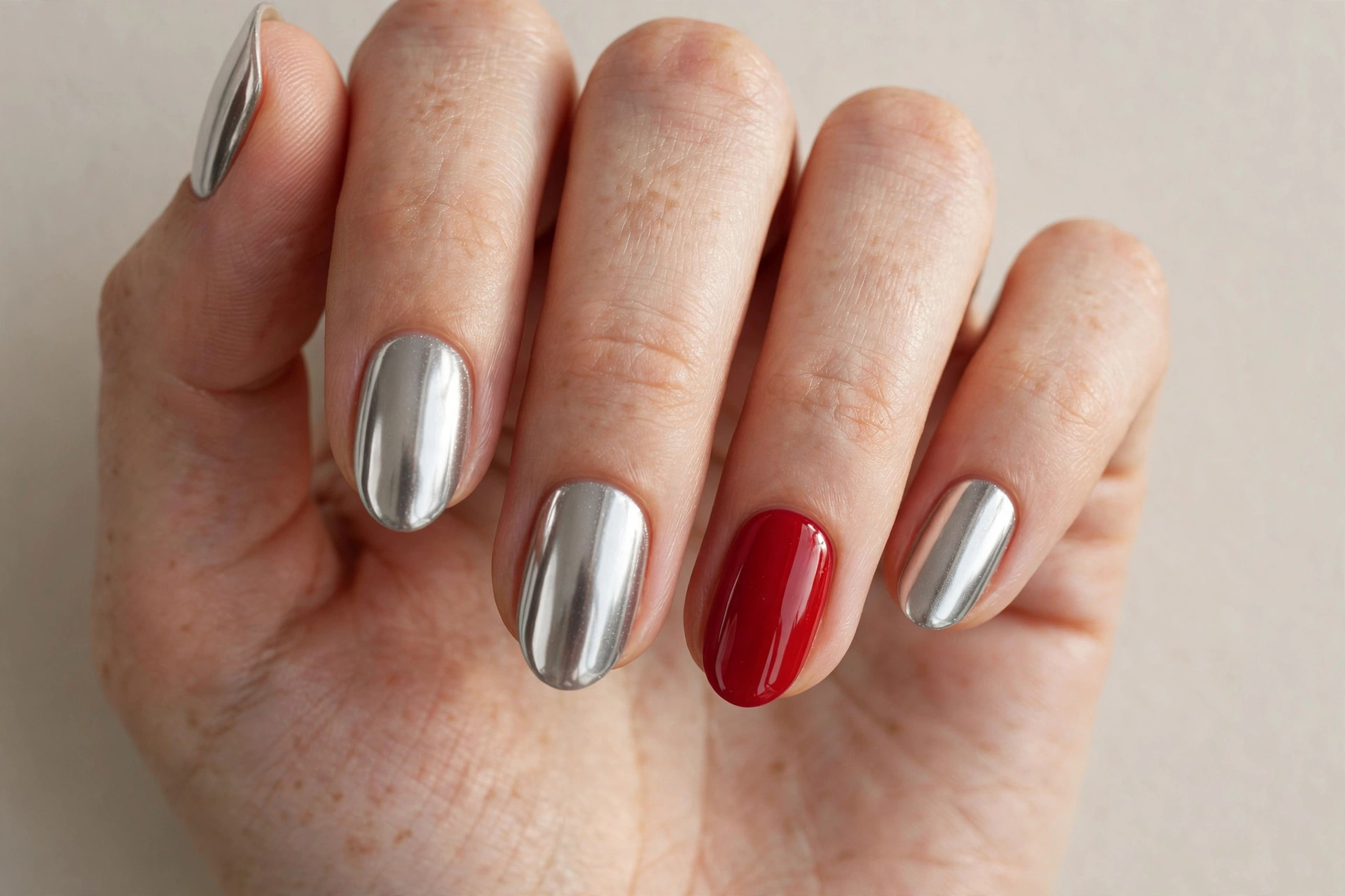 Short almond nails in mirror silver chrome with one glossy red accent nail