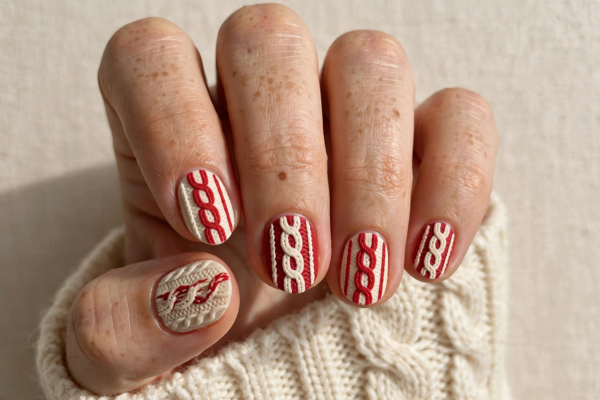 Short almond nails with 3D cable knit sweater pattern in cream and red