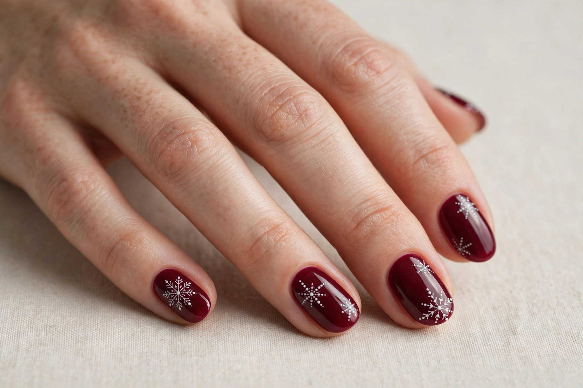 Short almond nails in deep cranberry with white dotted snowflakes