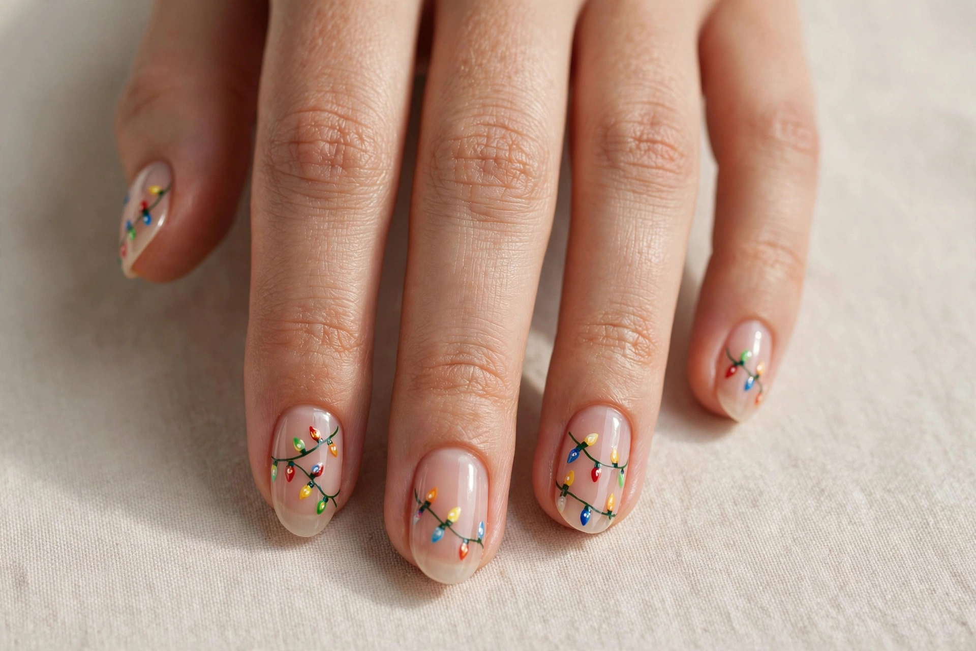 Short almond nails with nude base and colorful Christmas string lights art