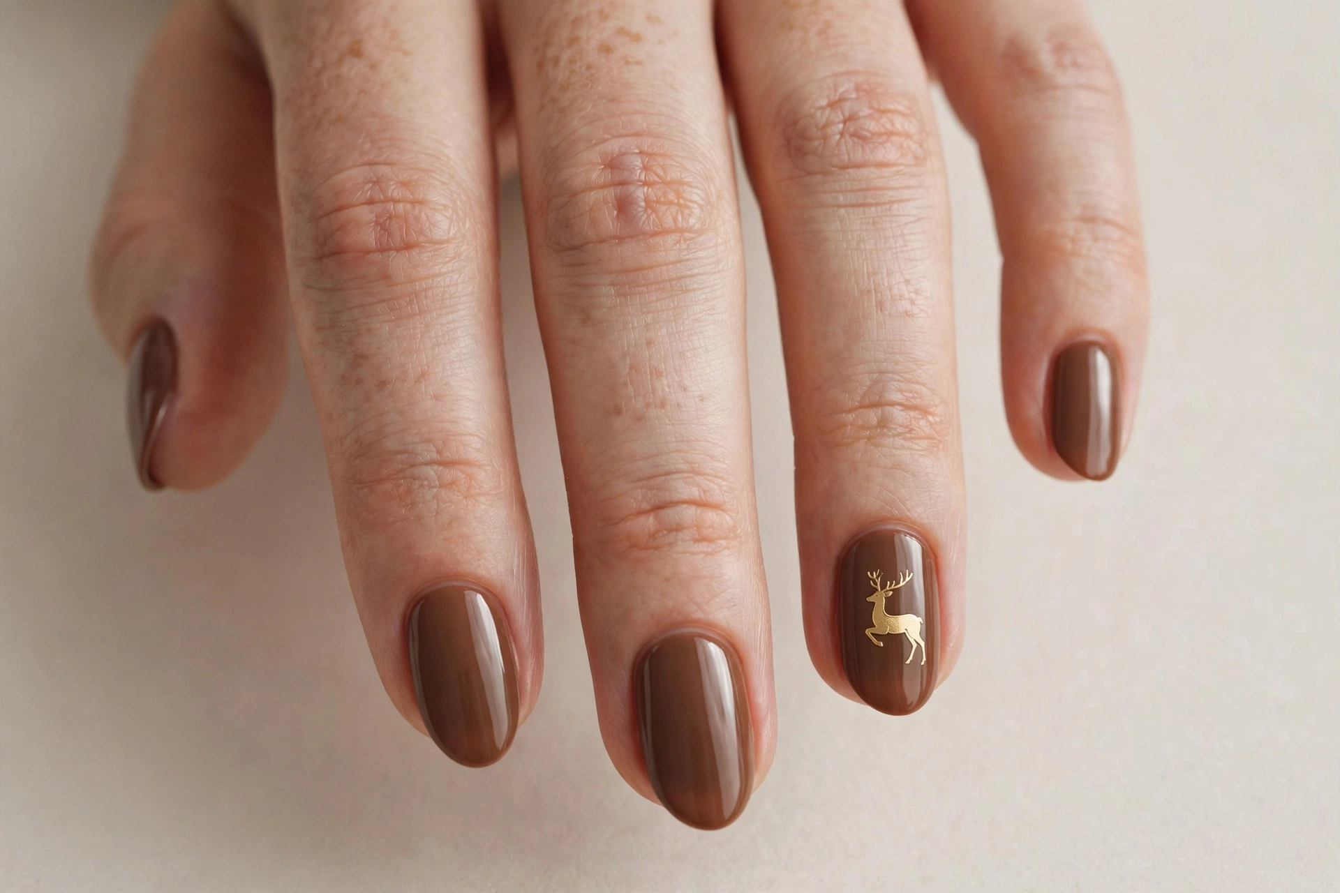 Short almond nails in warm woodland brown with gold reindeer silhouette accent