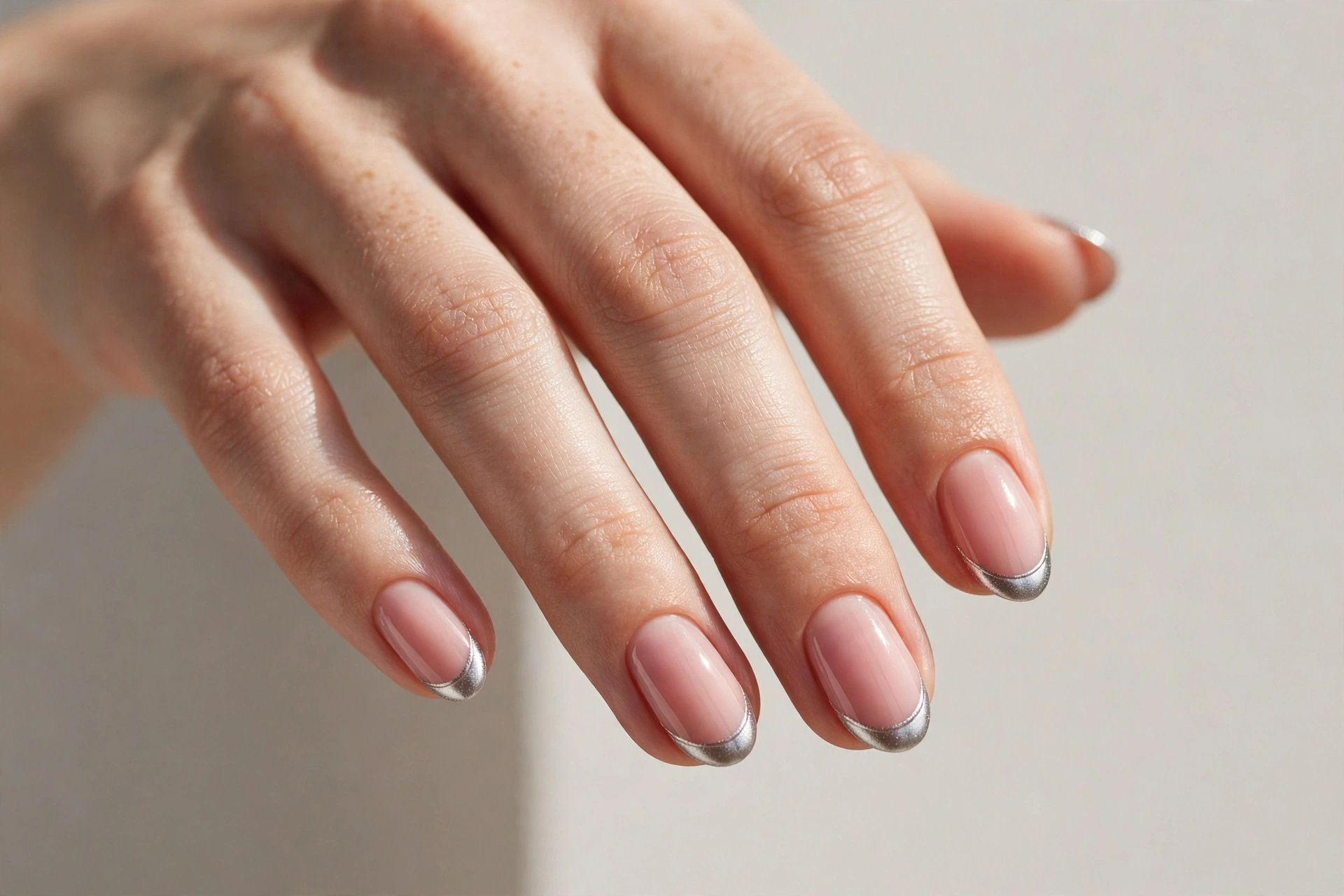 Short almond nails with blush pink base and silver metallic French tips
