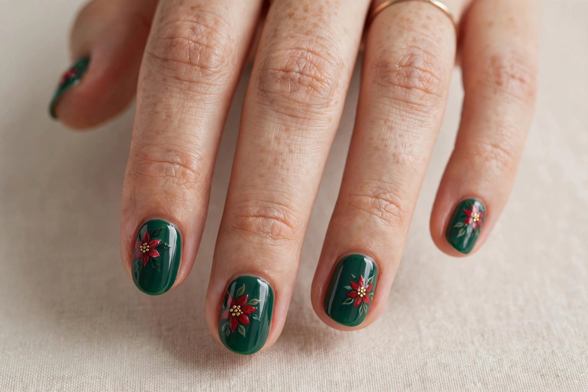 Short almond nails in deep green with red poinsettia flowers and gold centers