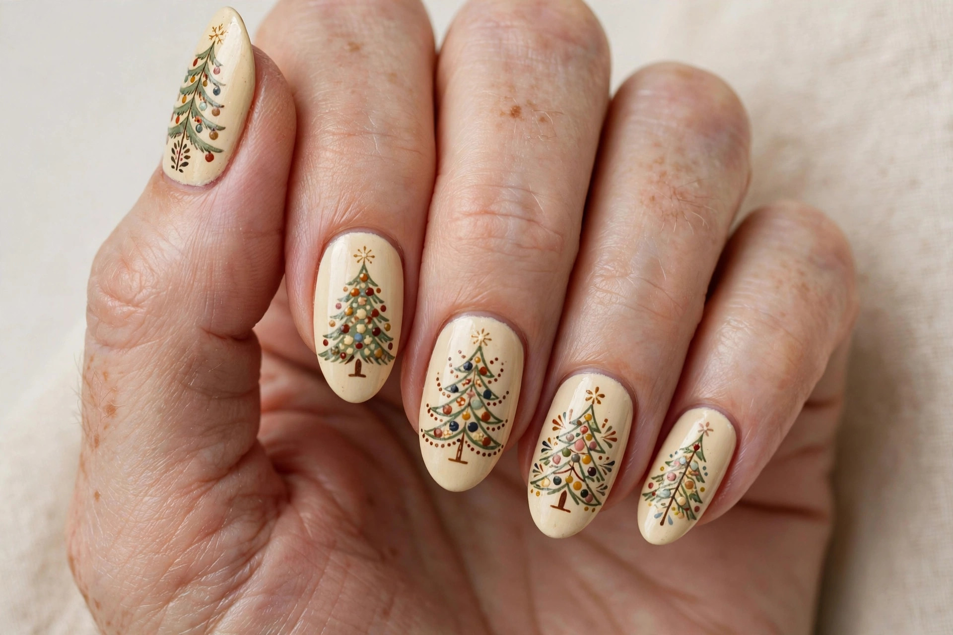 Vintage folk-art style hand-painted Christmas tree nail art on cream base