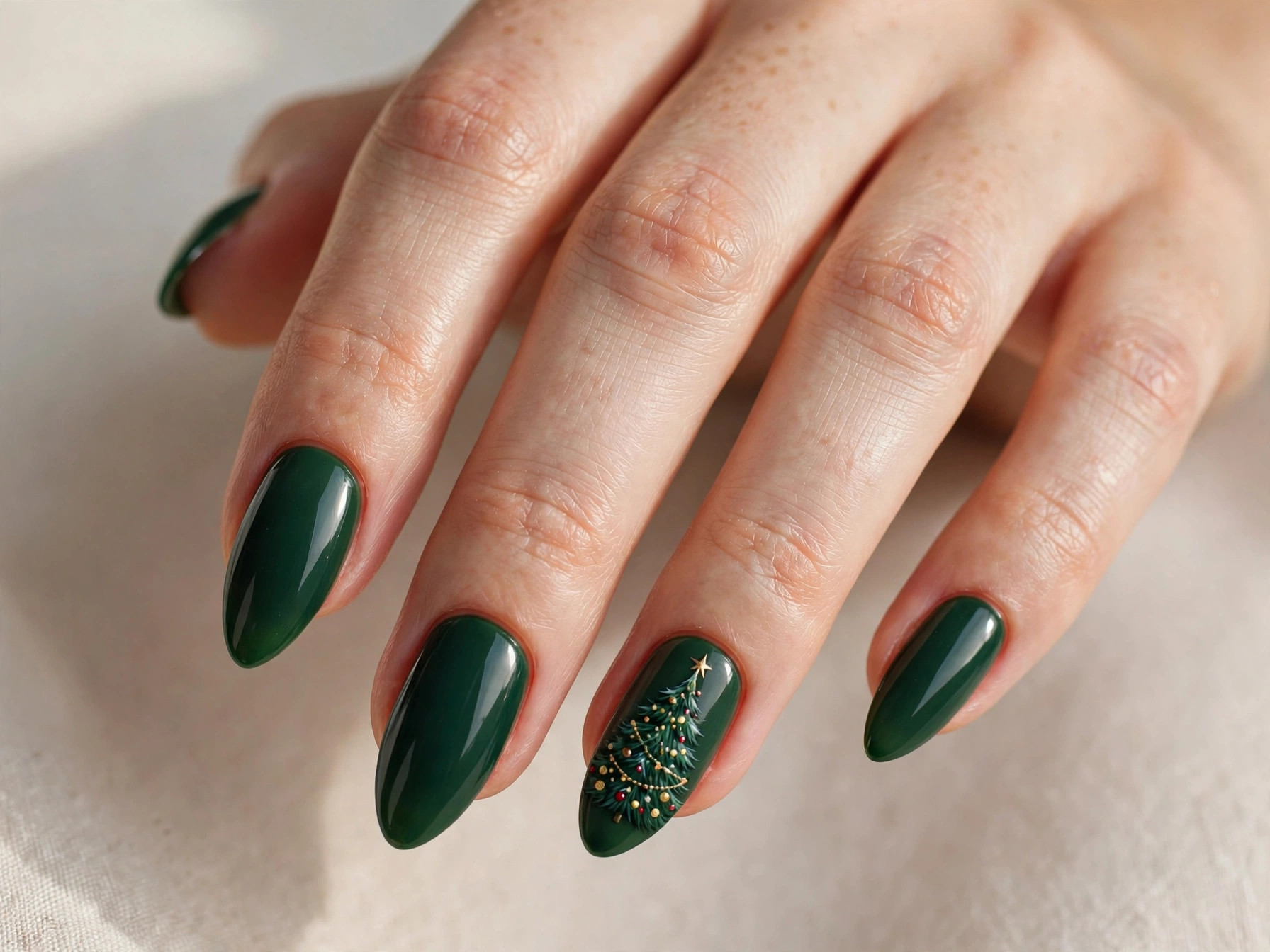Dark green almond nails with a hand-painted Christmas tree accent nail
