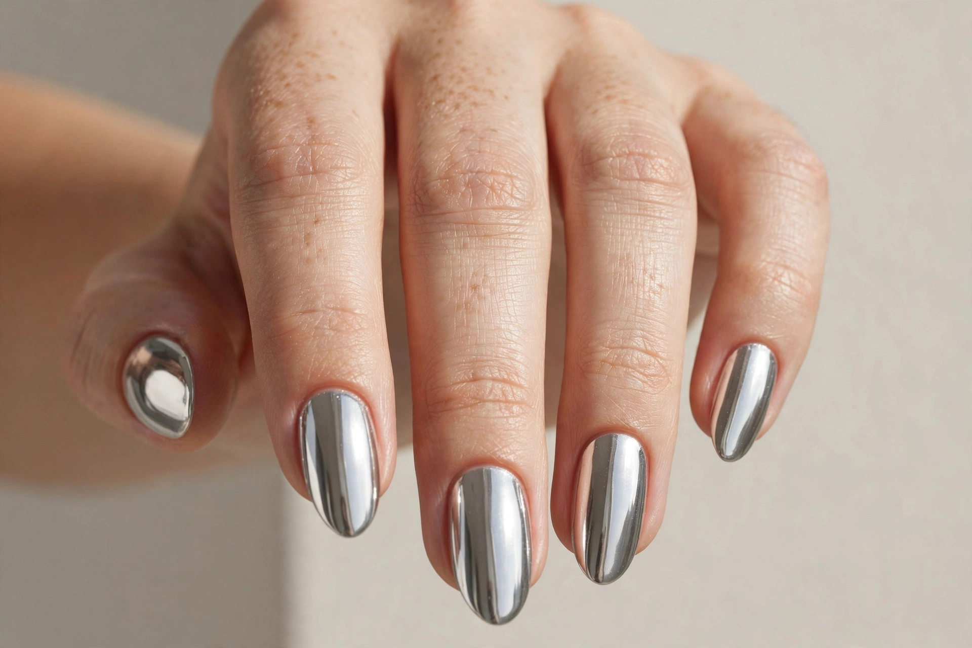 Classic mirror silver chrome nails on almond shaped nails