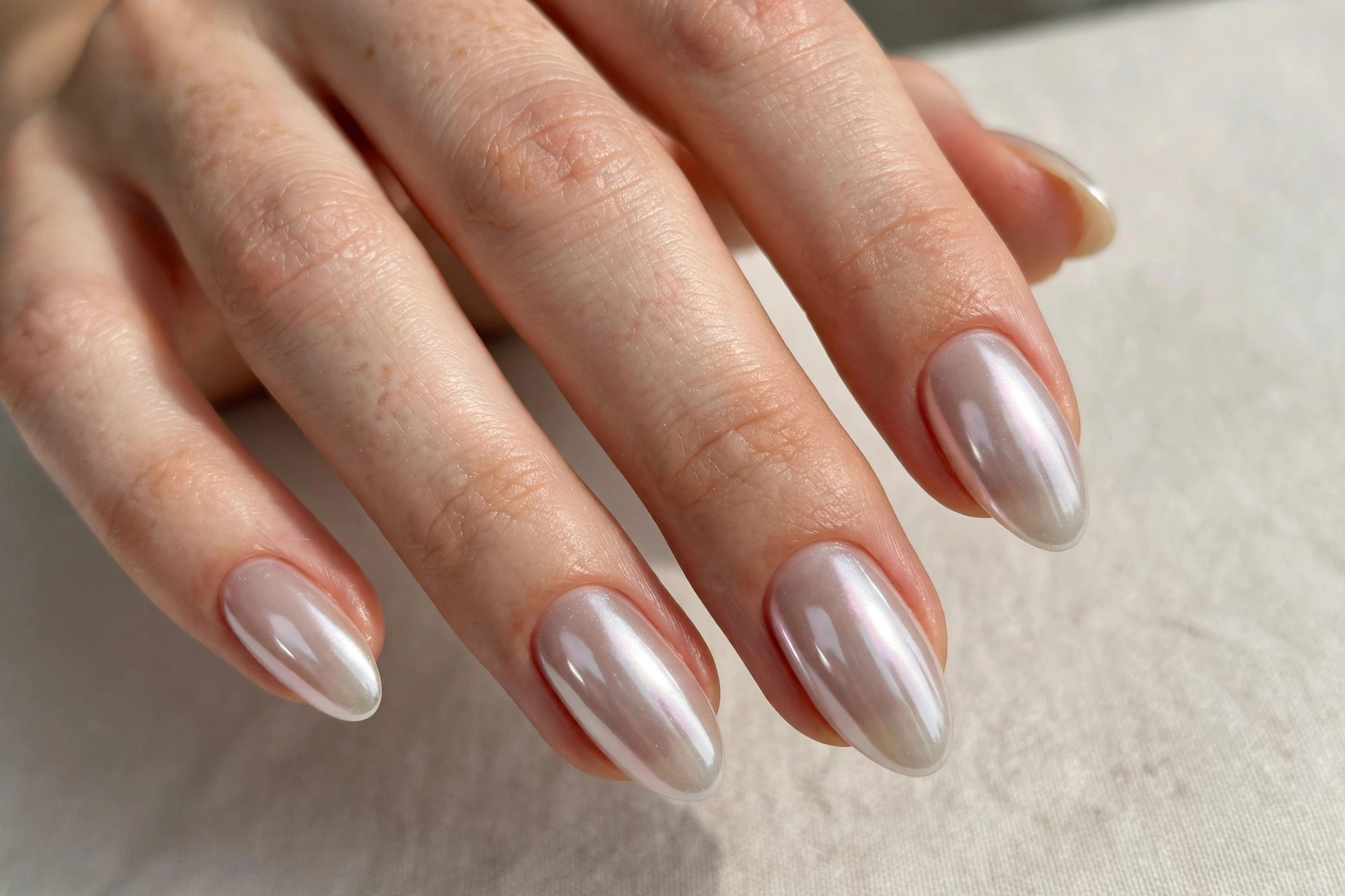 Glazed pearl donut chrome nails with a soft pearly sheen