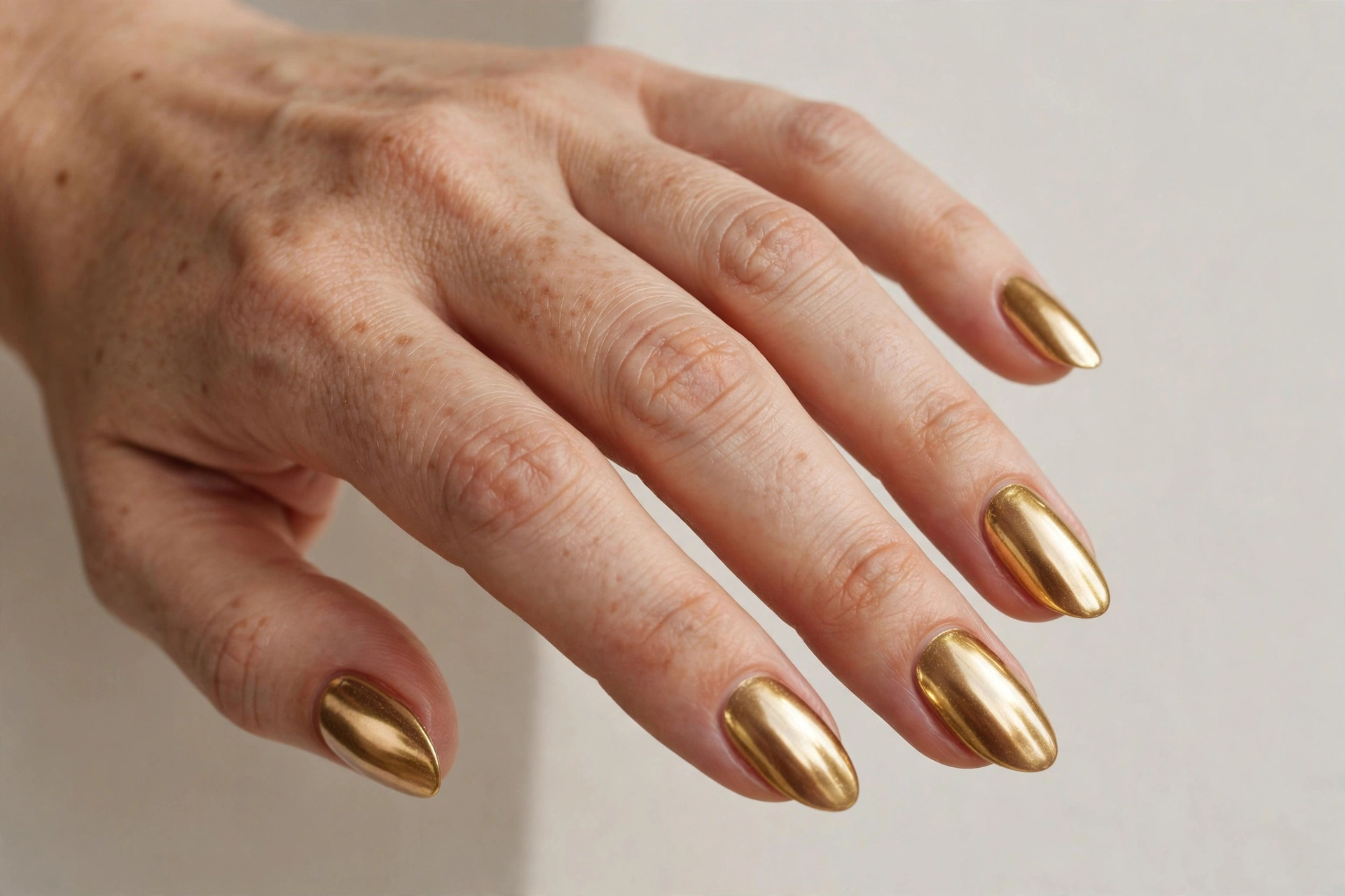 Liquid gold chrome nails with a molten metallic finish