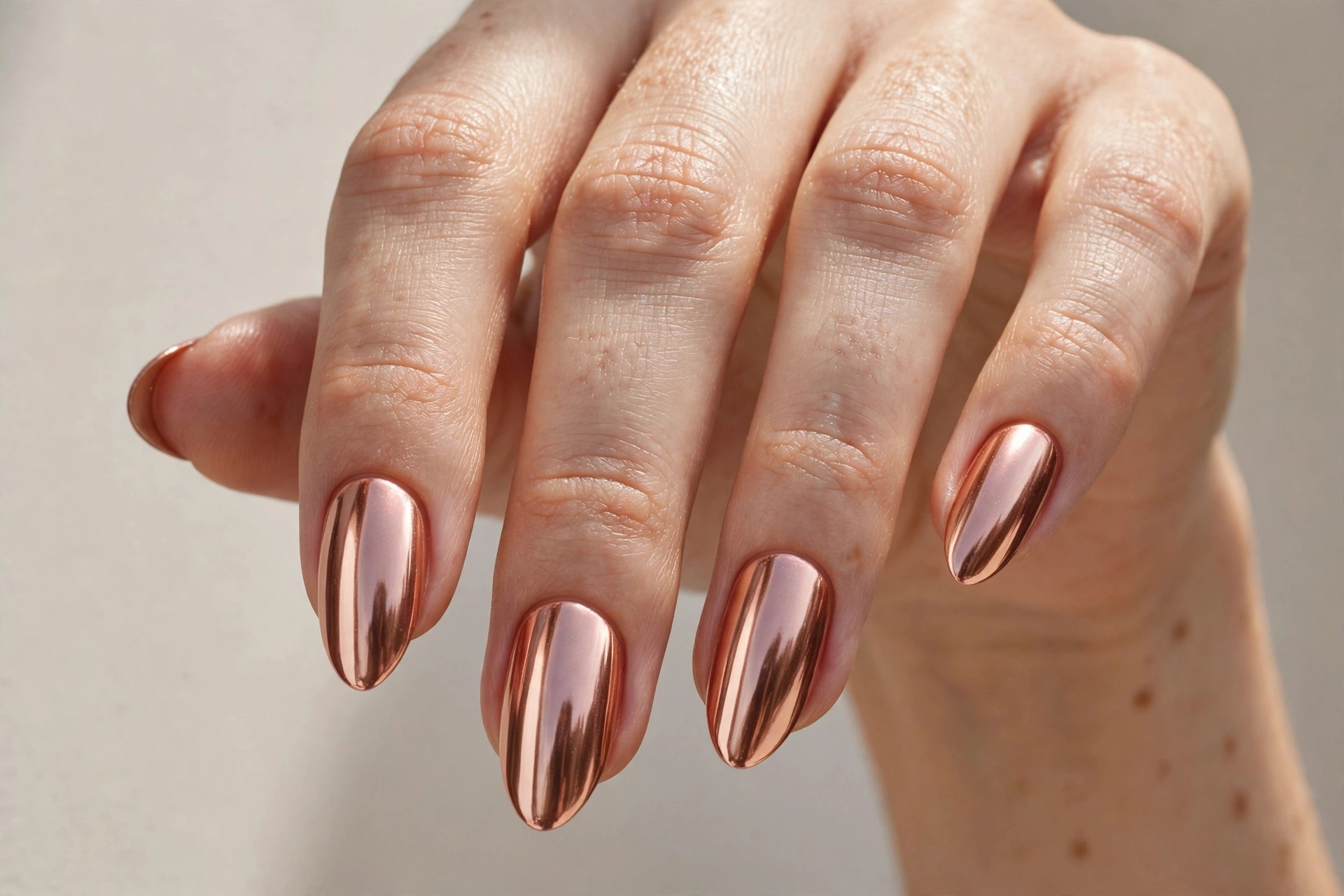 Rose gold chrome nails with a warm pink metallic shine