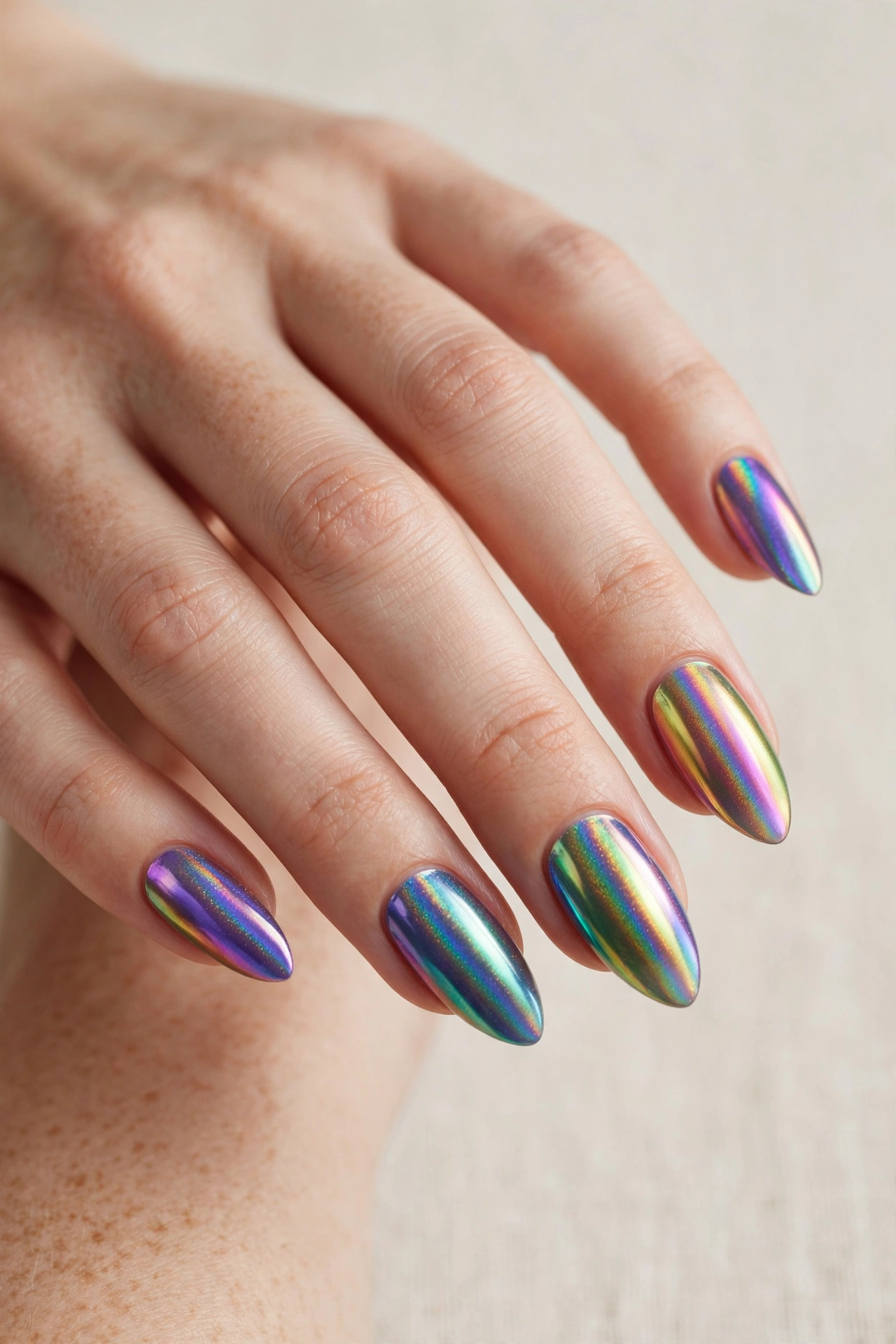 Holographic rainbow chrome nails shifting through prismatic colors