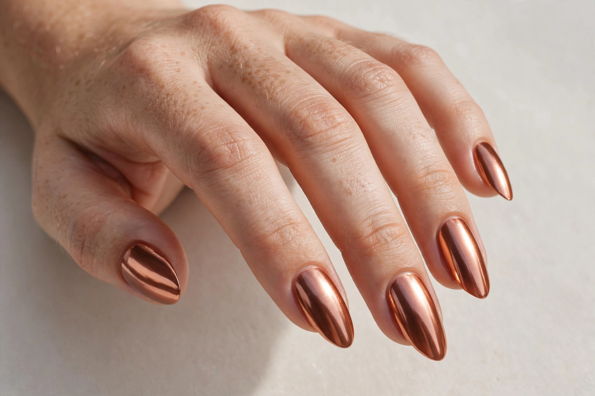 Copper chrome nails with a warm metallic finish
