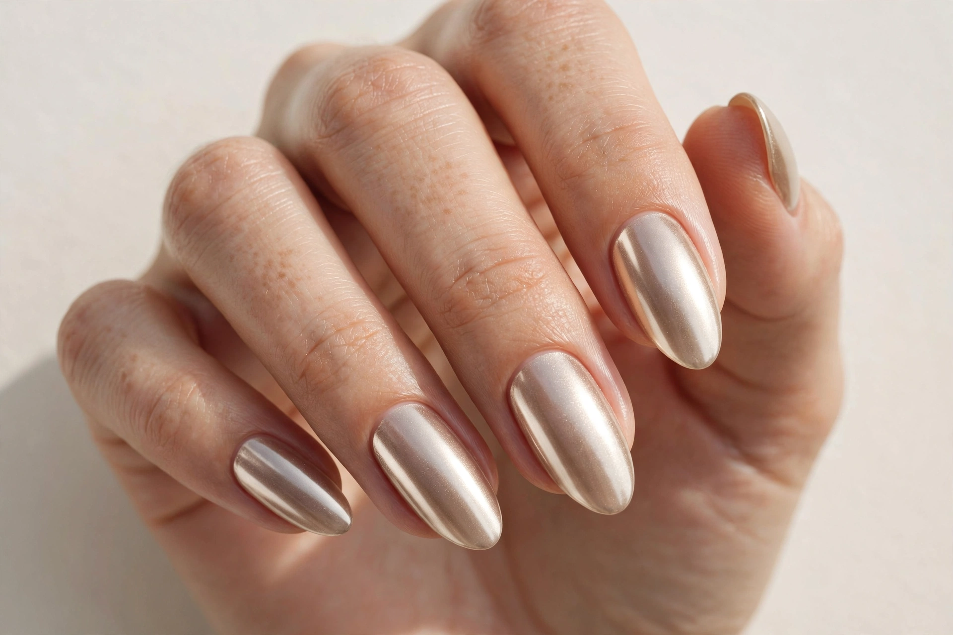 Champagne chrome nails with a pale golden metallic sheen