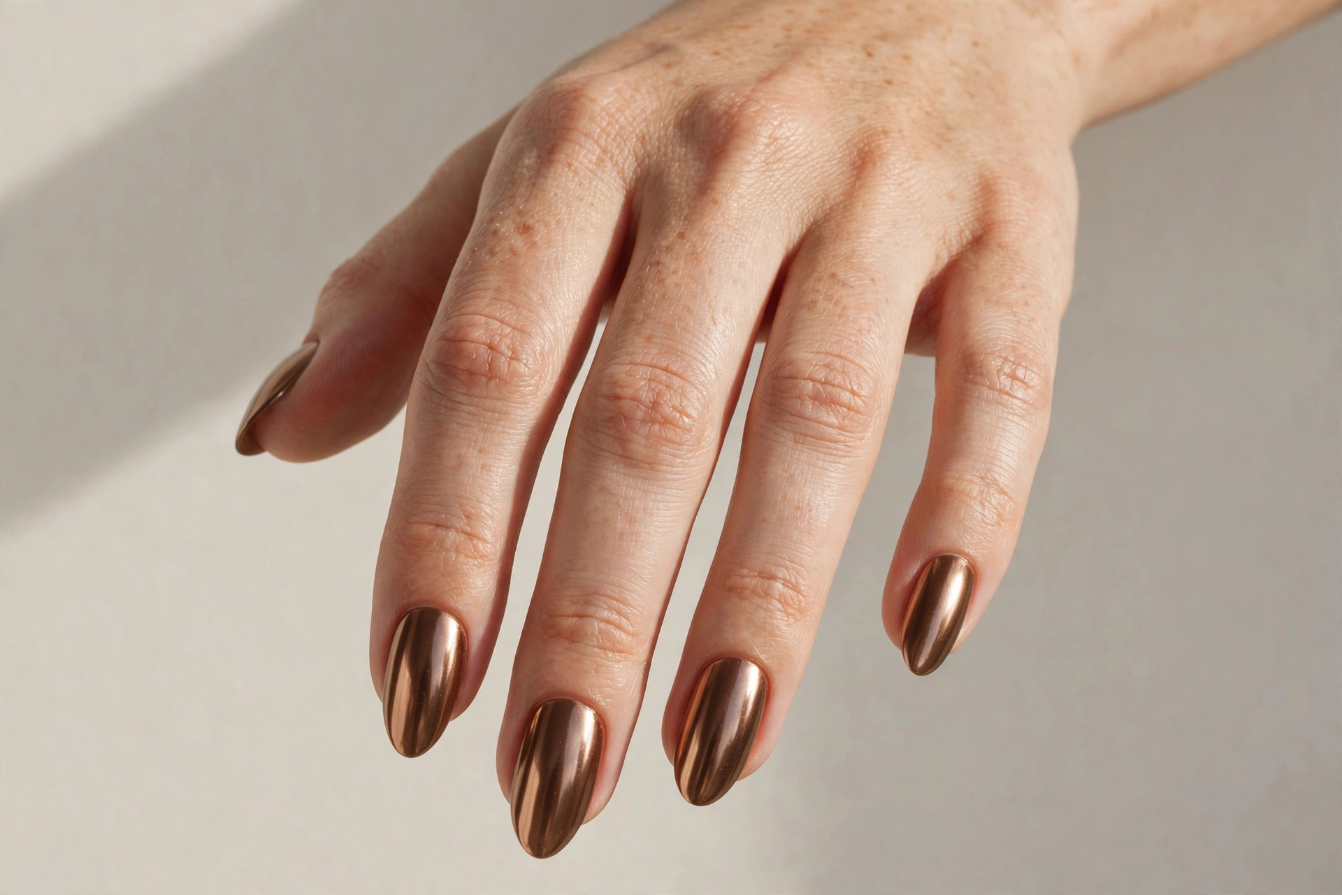 Bronze chrome nails with a deep metallic finish