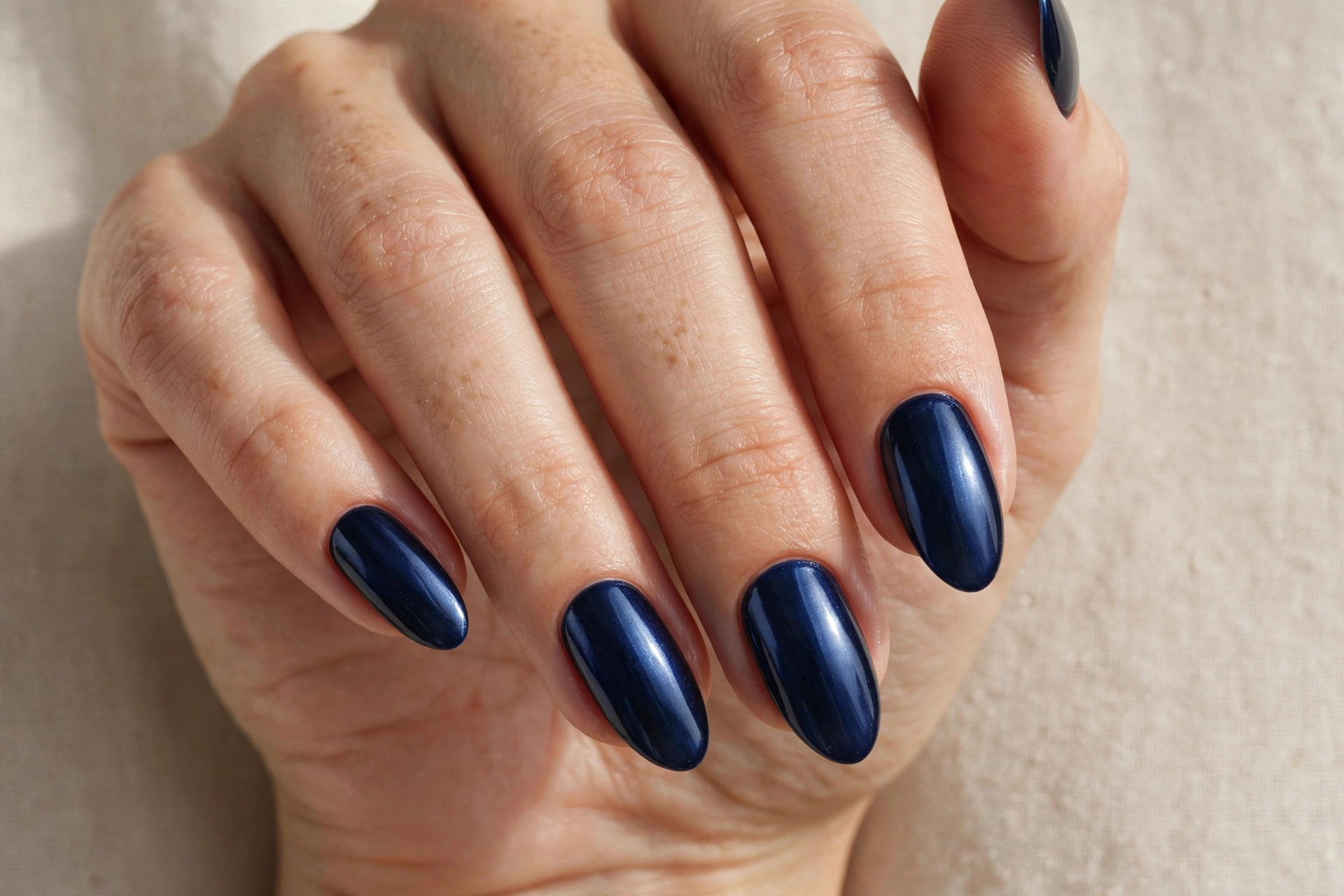 Navy blue chrome nails with a deep metallic shimmer