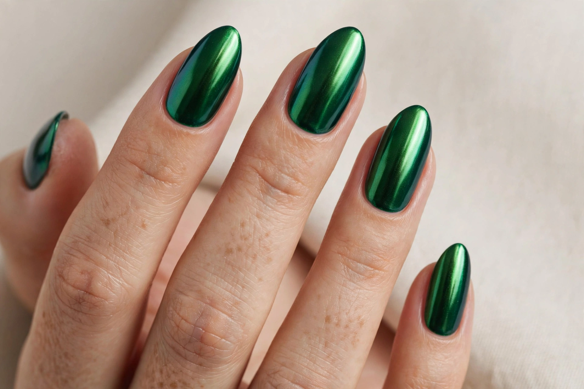 Emerald green chrome nails with a jewel-toned metallic finish