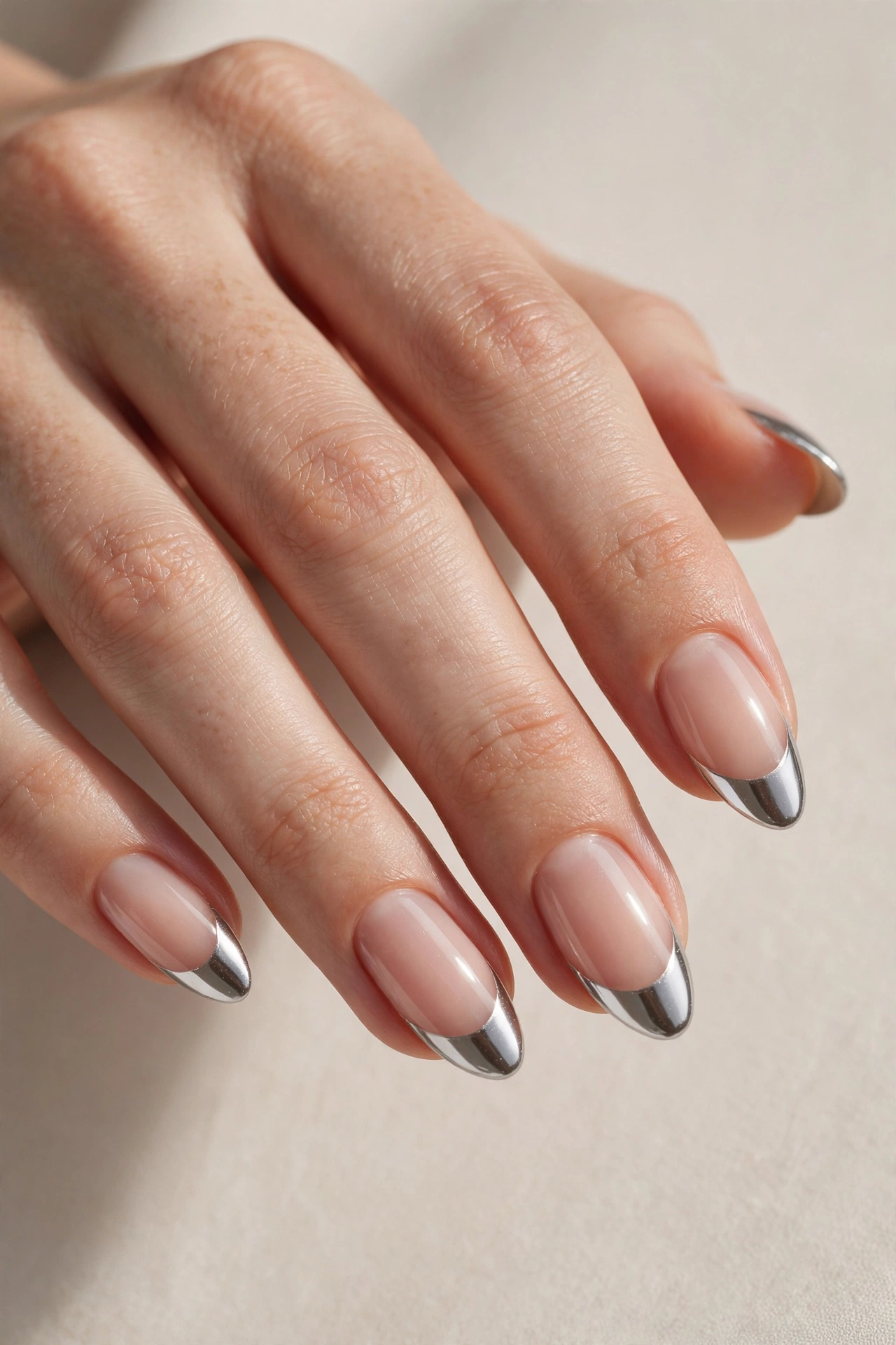Silver chrome french tip nails on a nude base
