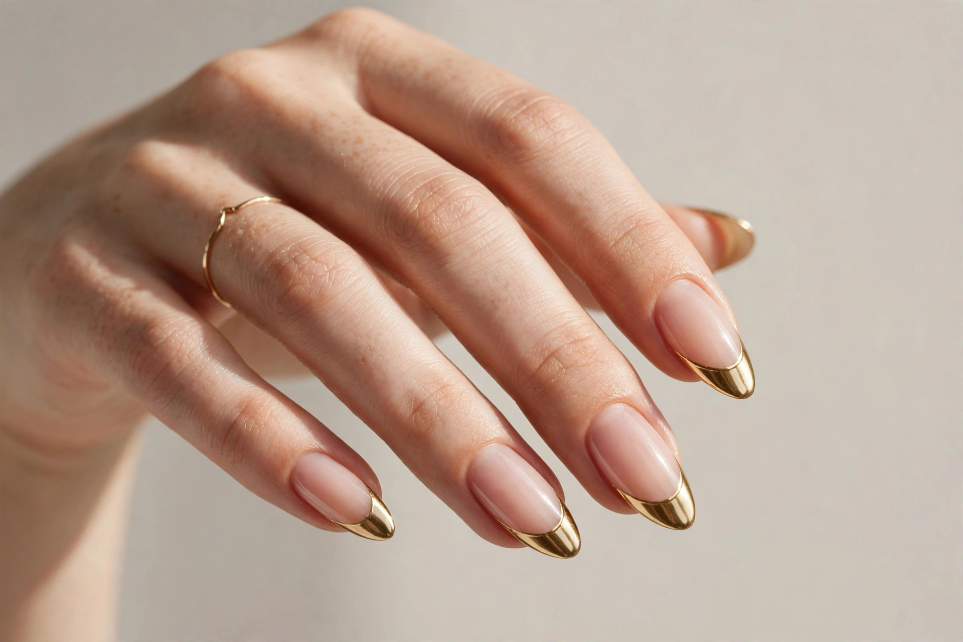 Gold chrome french tip nails on a nude base
