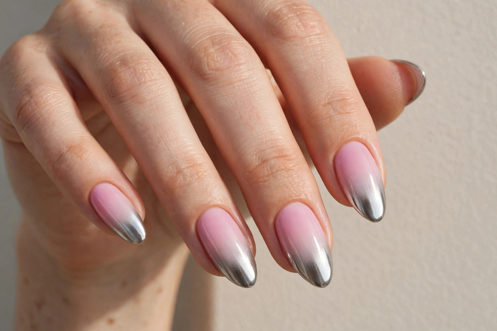 Pink to silver chrome ombre nails blending metallic tones