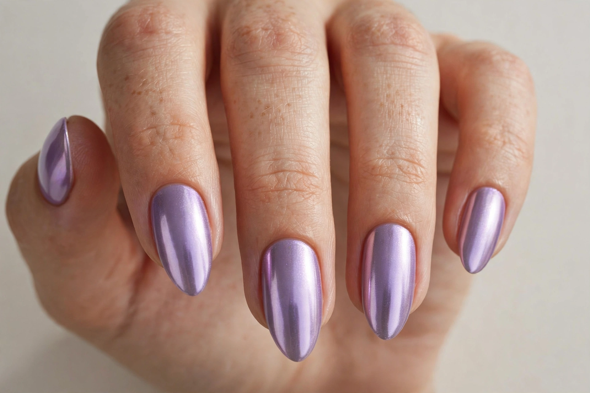 Lavender chrome nails with a soft purple metallic sheen