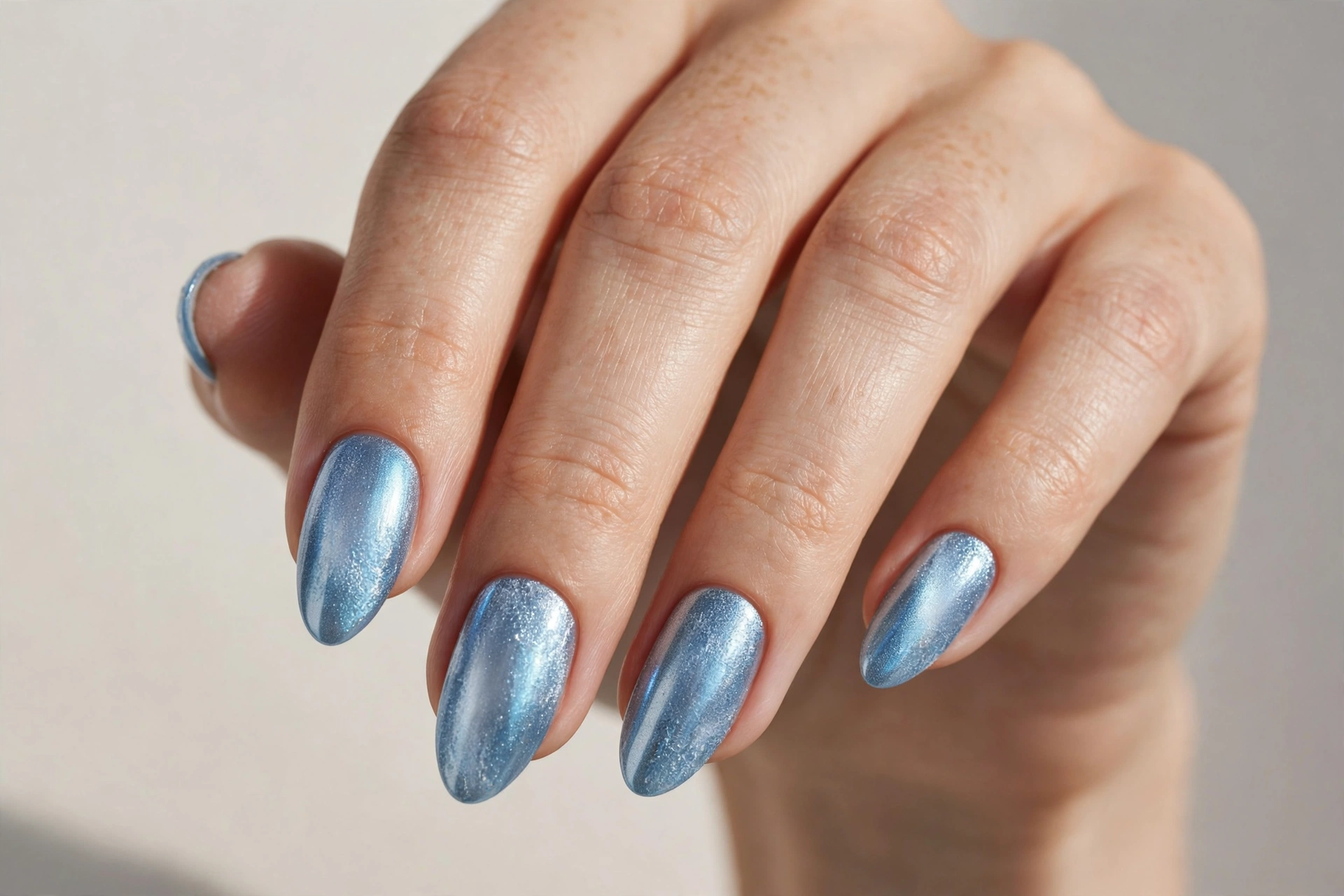 Icy blue frosted chrome nails with a cool metallic finish