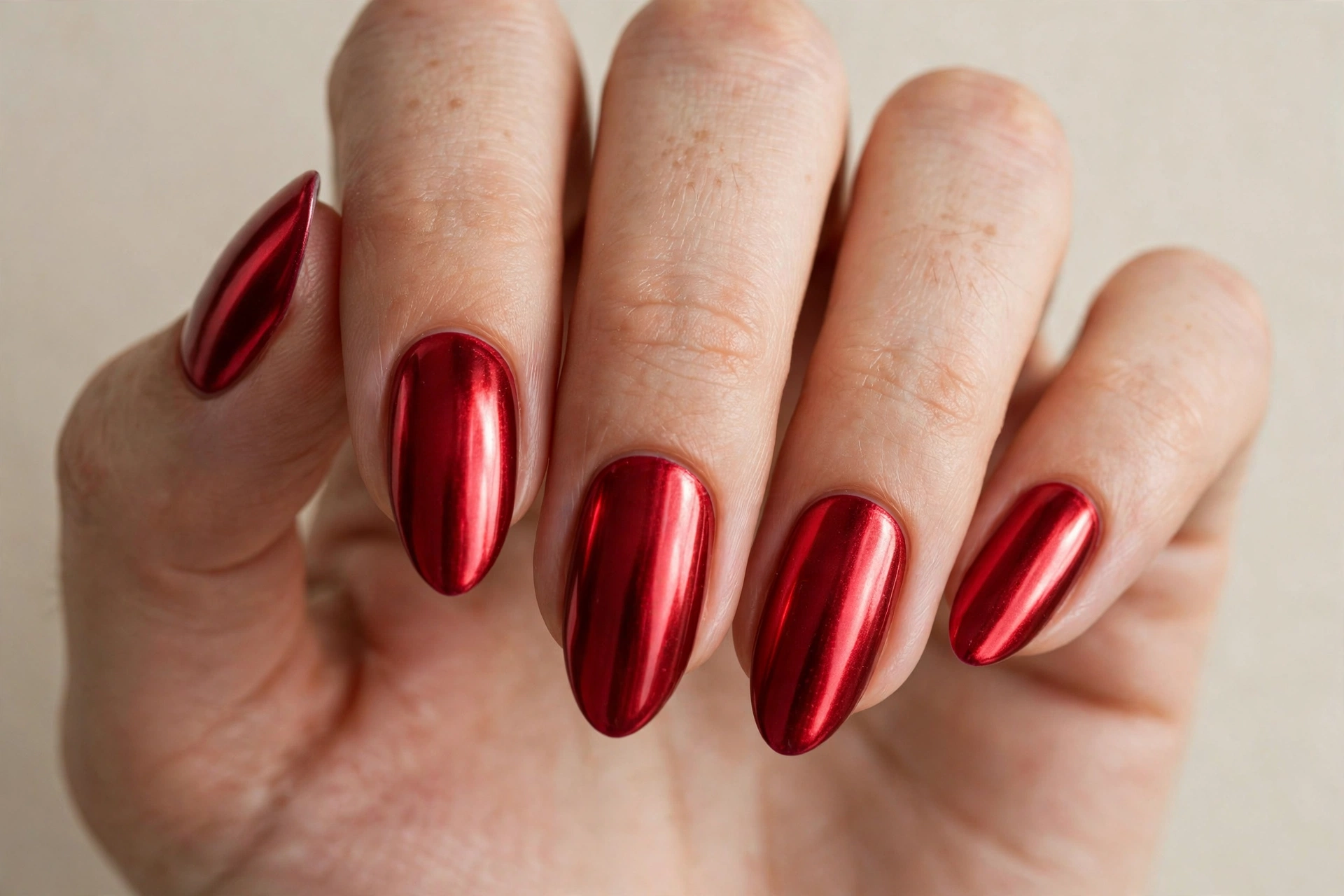 Red metallic chrome nails with a bold glossy finish