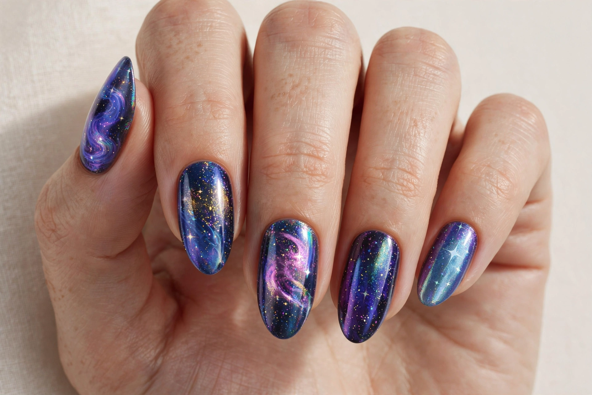 Galaxy holographic chrome nails with iridescent cosmic shimmer