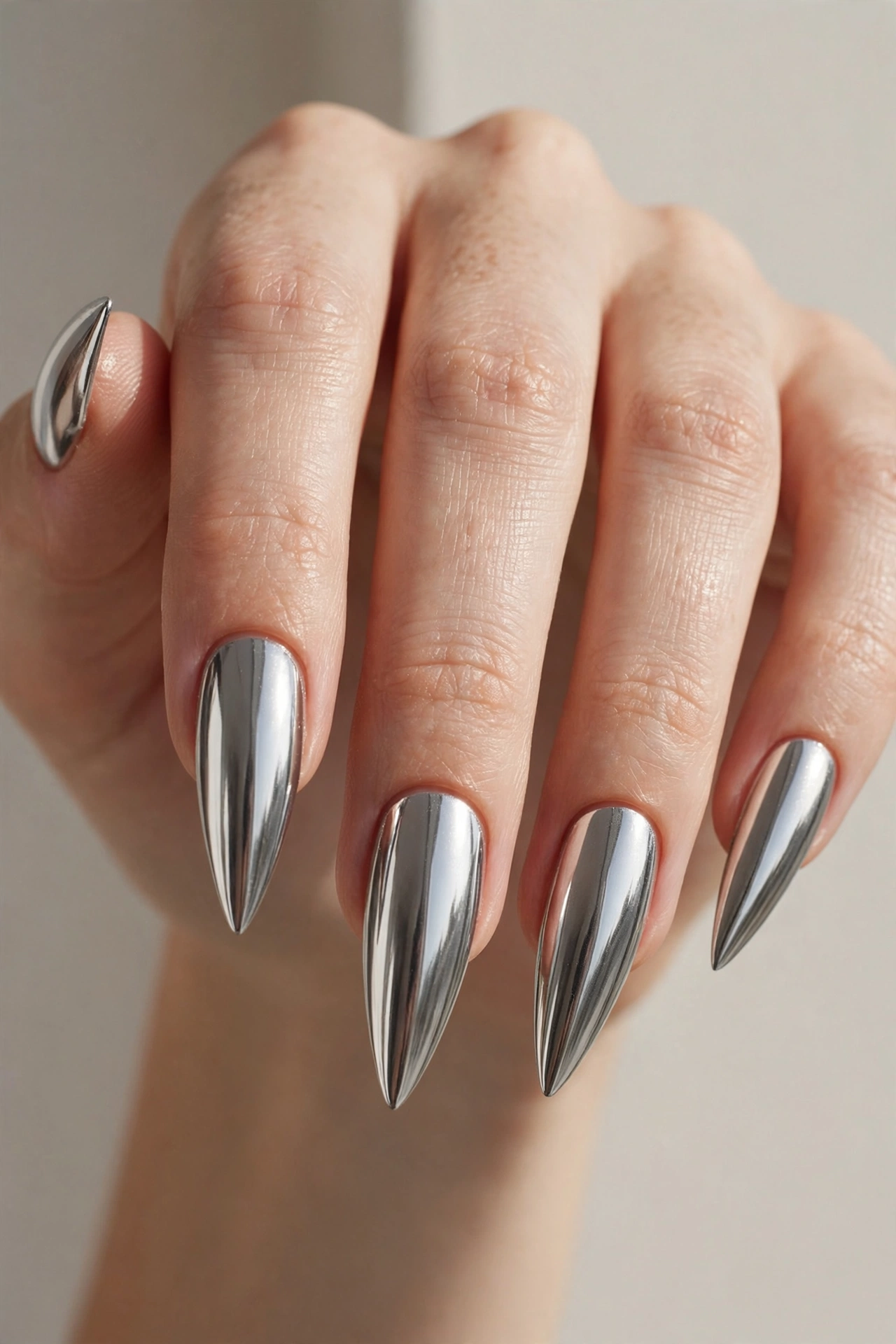 Platinum chrome nails in a sharp stiletto shape