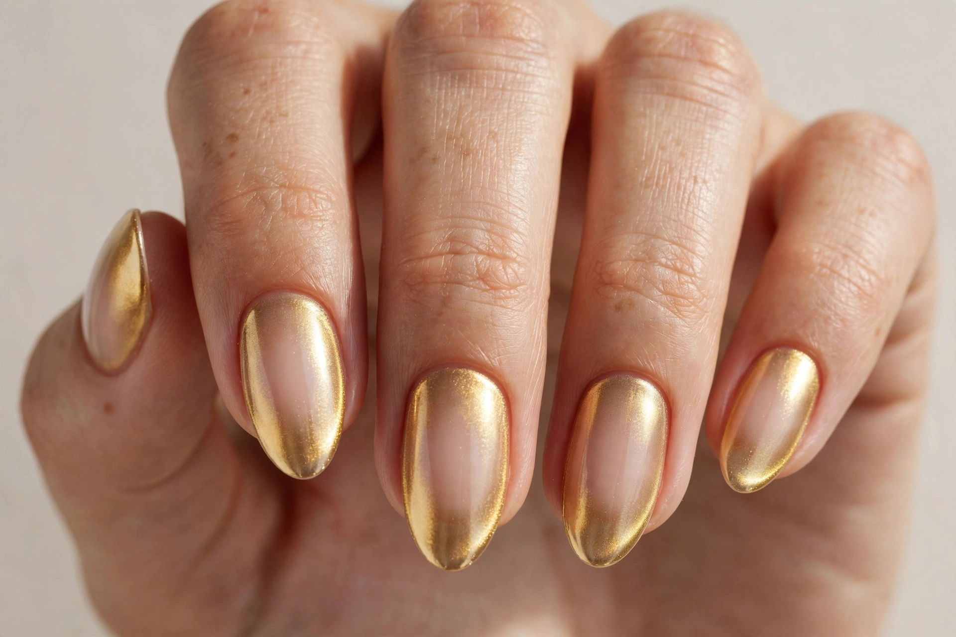 Gold chrome aura ombre nails with a glowing metallic gradient