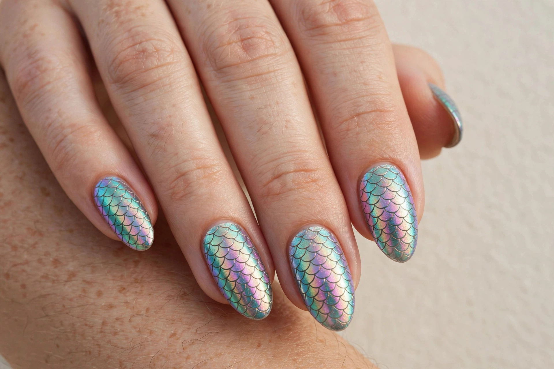 Iridescent mermaid chrome nails with a pearly ocean shimmer