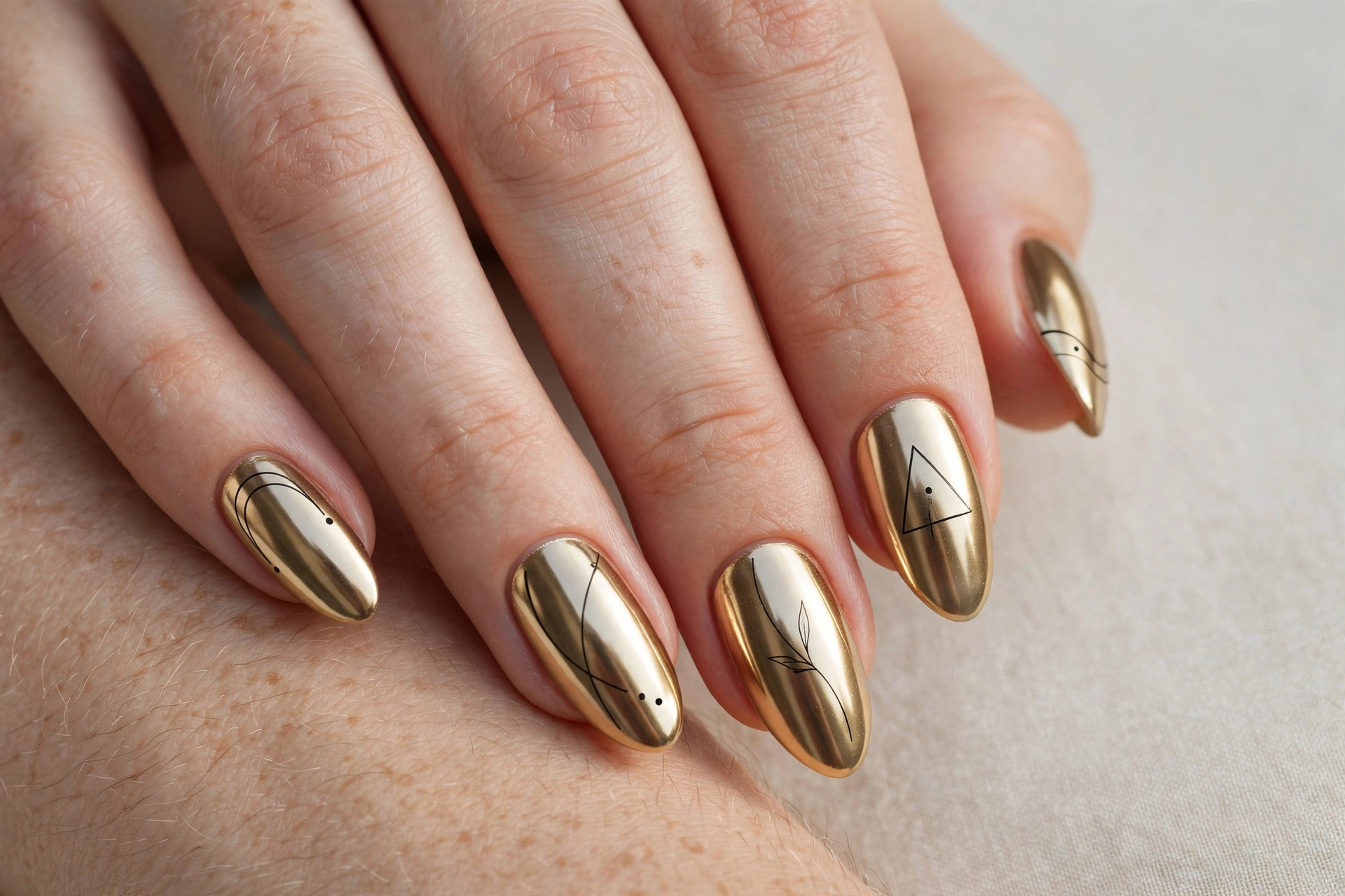 Gold chrome nails with minimalist black line art details