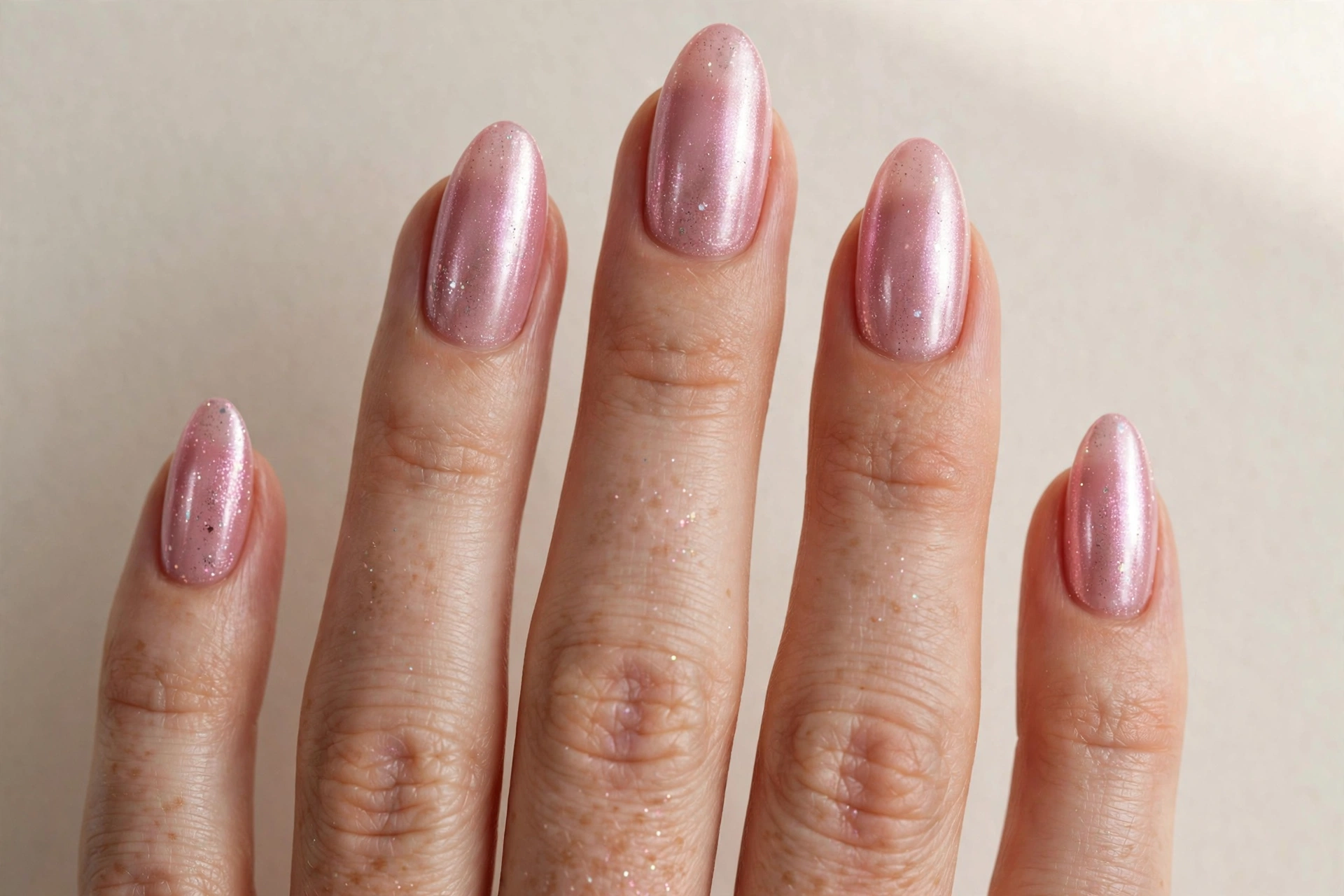 Pink pearl chrome nails with a fairy dust shimmer