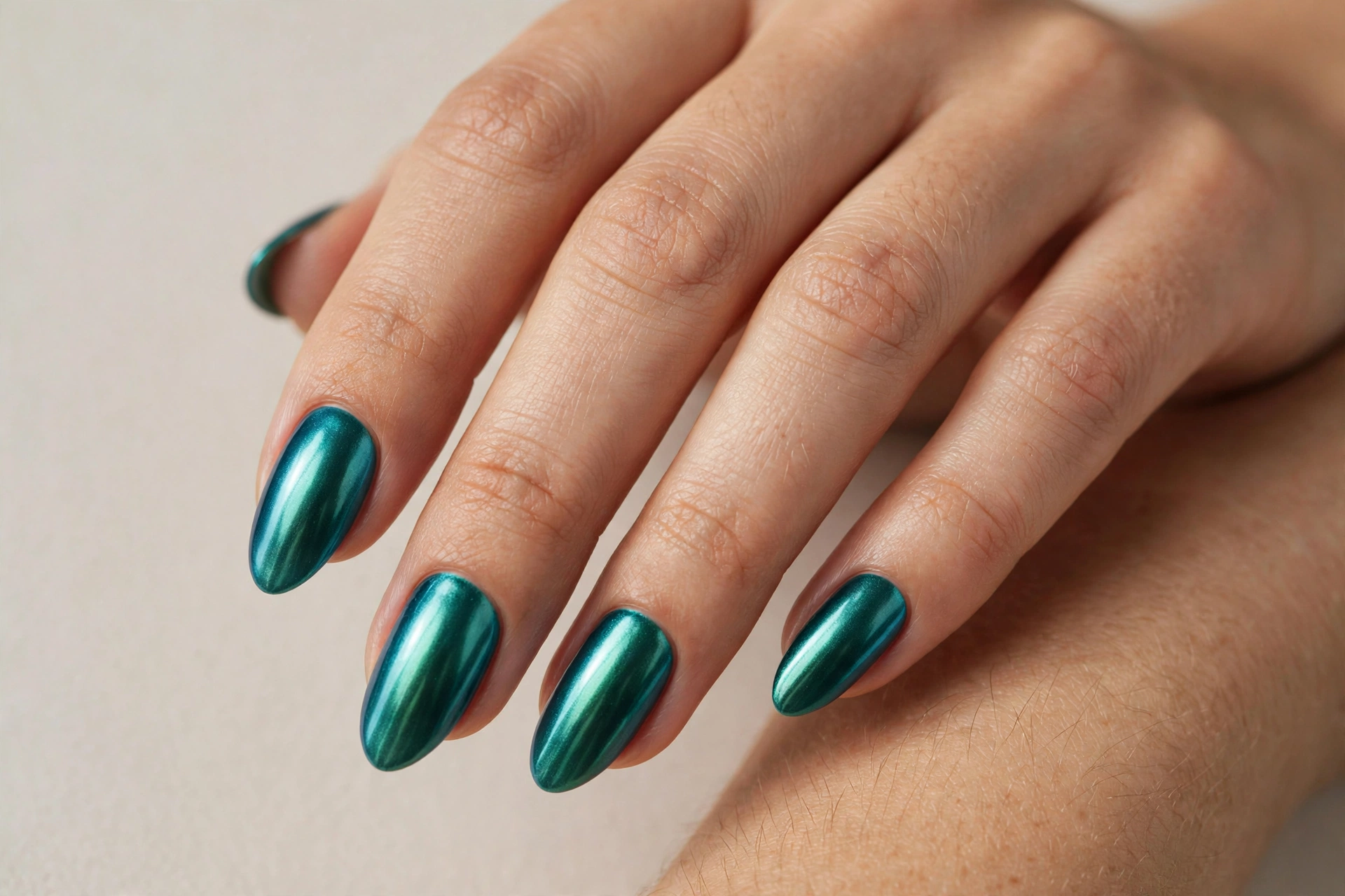 Teal chrome nails with a vibrant metallic finish