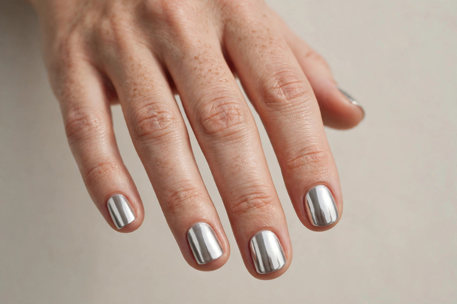 Short nails with classic silver mirror chrome manicure