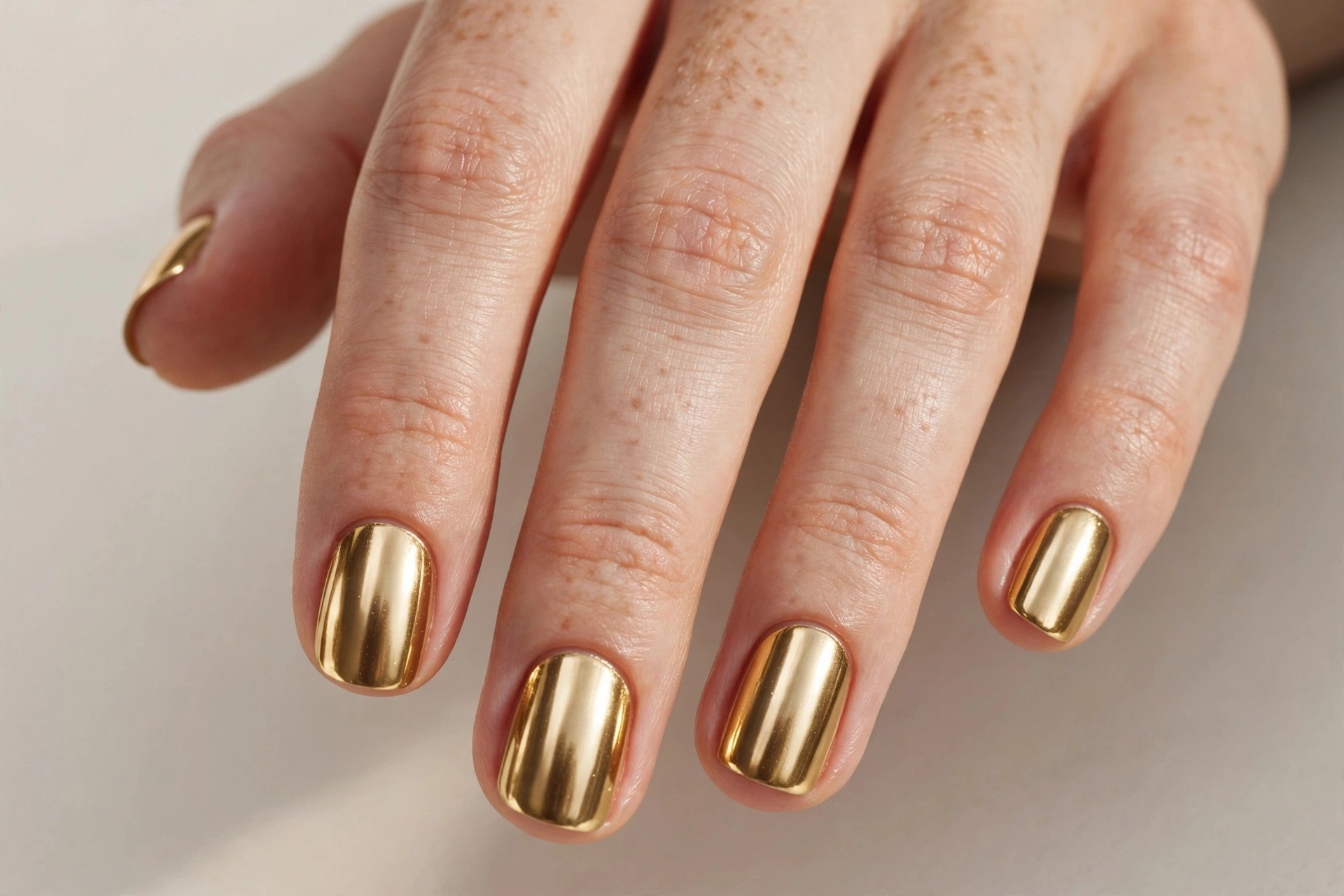 Short nails with luxurious gold chrome manicure