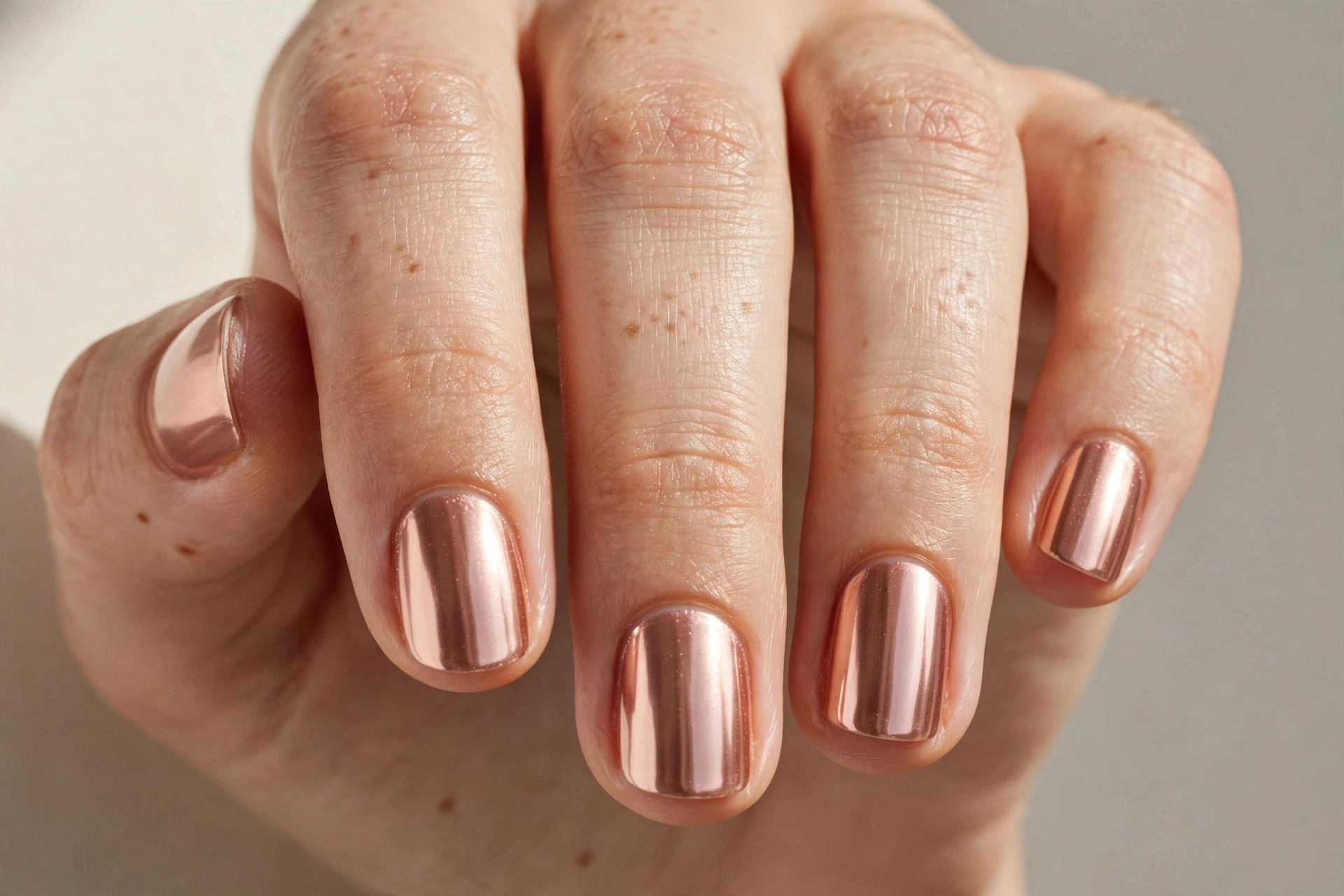 Short nails with rose gold chrome manicure