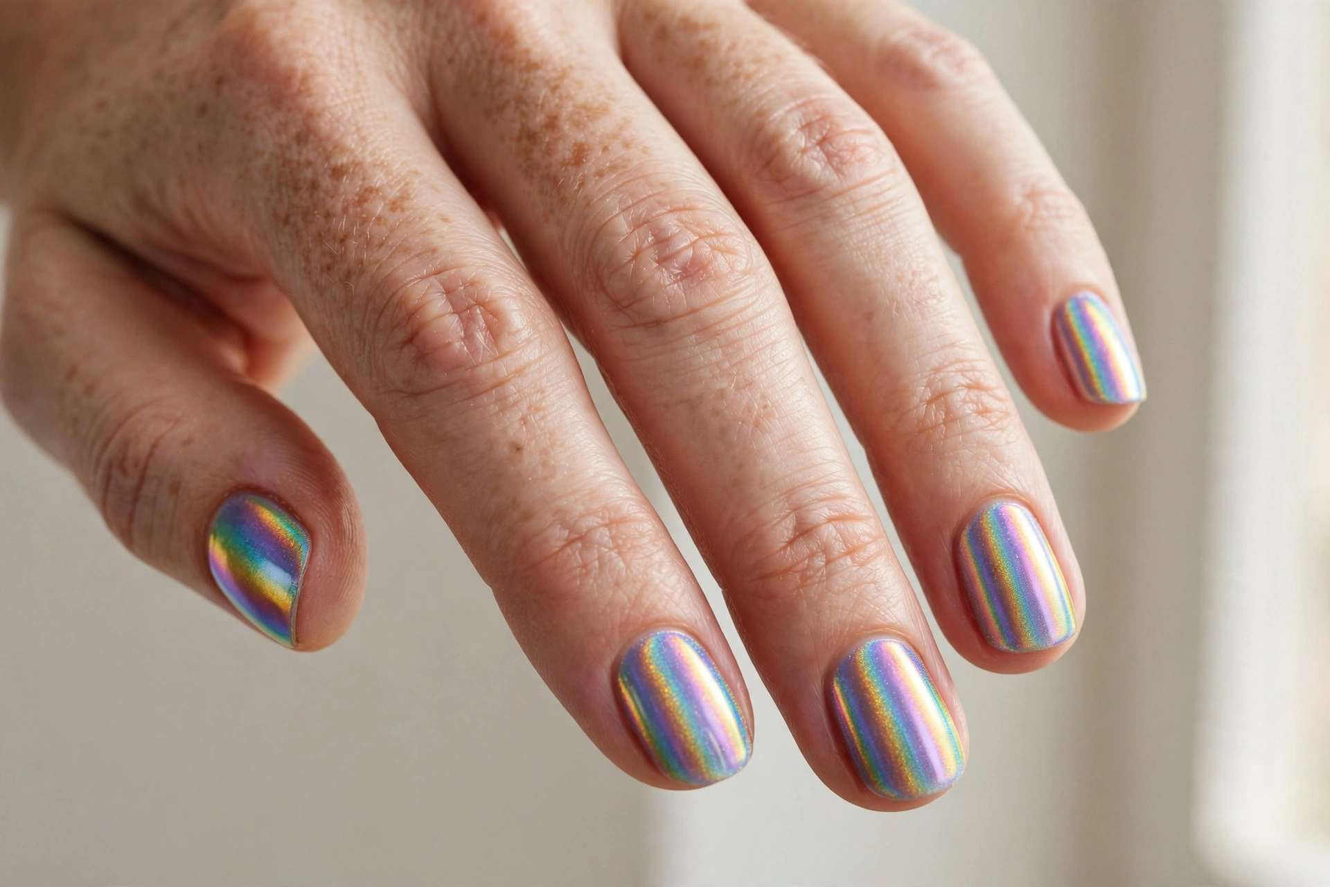 Short nails with holographic rainbow chrome manicure