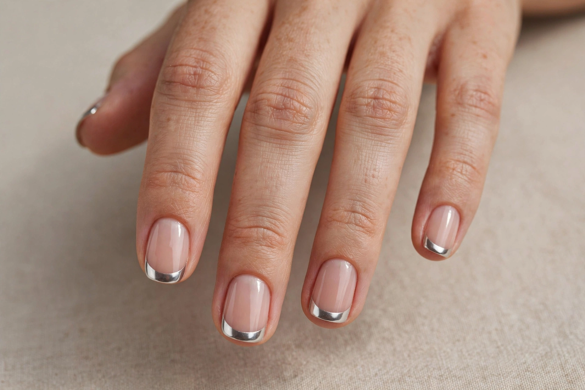 Short nails with silver chrome french tip manicure on nude base