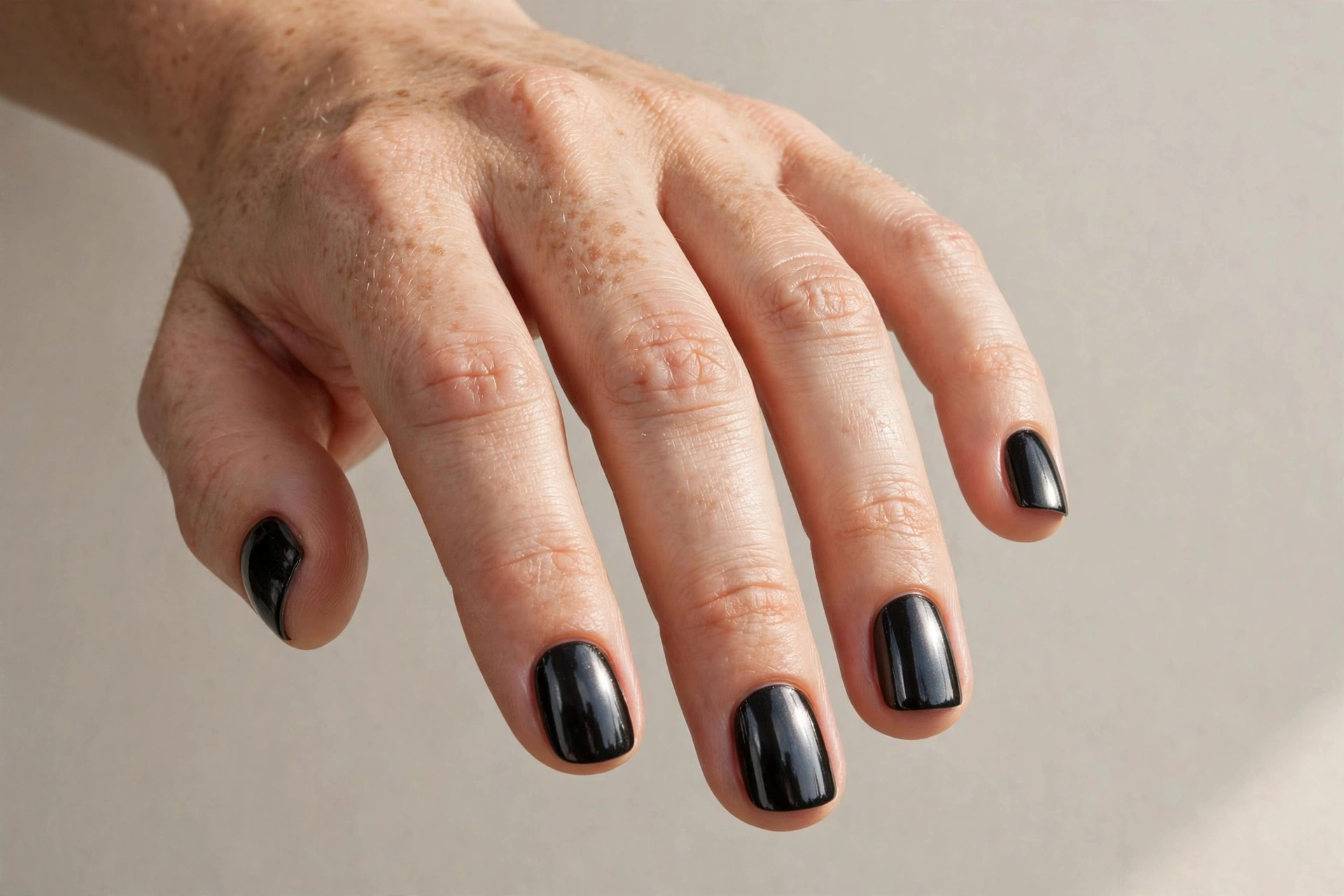 Short nails with dark black chrome manicure